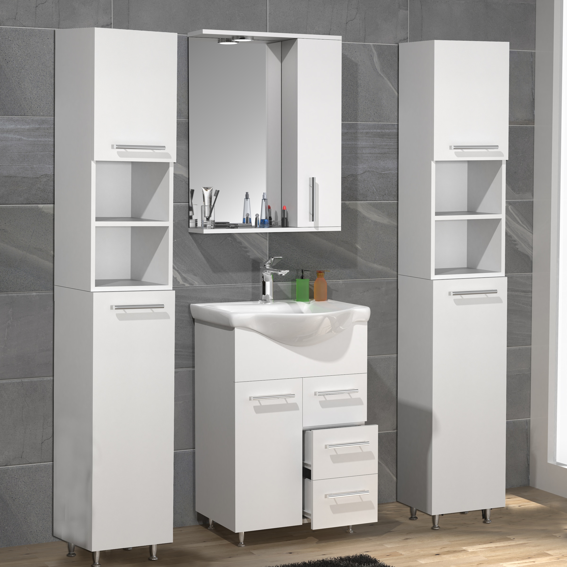 VCM Waschbeckenunterschrank »VCM 5-tlg. Waschplatz Waschtisch Badmöbel Set Waschbecken Schublade Spiegelschrank Lisalo L«, (5 St.)