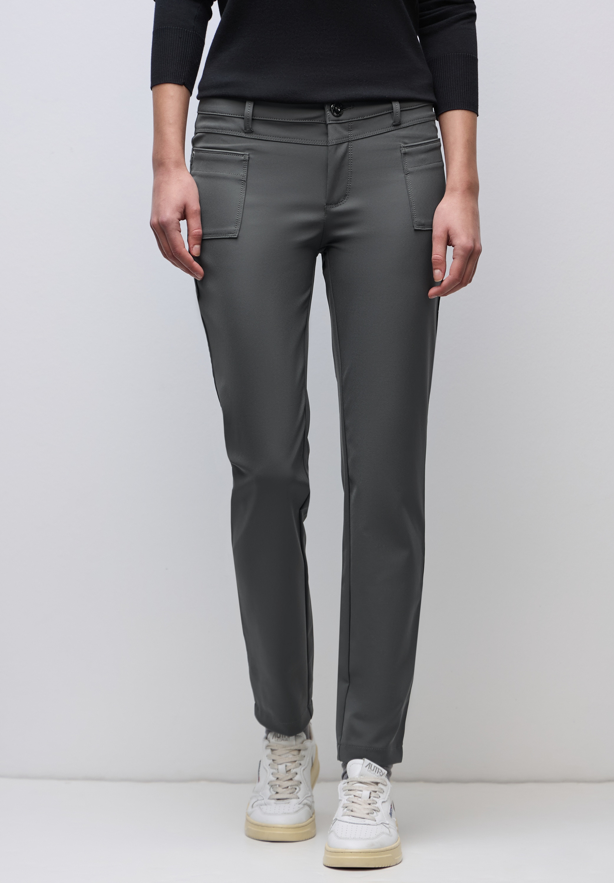 Stoffhose STREET ONE, Damen, Gr. 40, Länge 30, storm grau, Stoff, 88% Polyamid, 12% Elasthan, unifarben, comfort fit knöchellang, Hosen Stoffhose, Middle Waist
