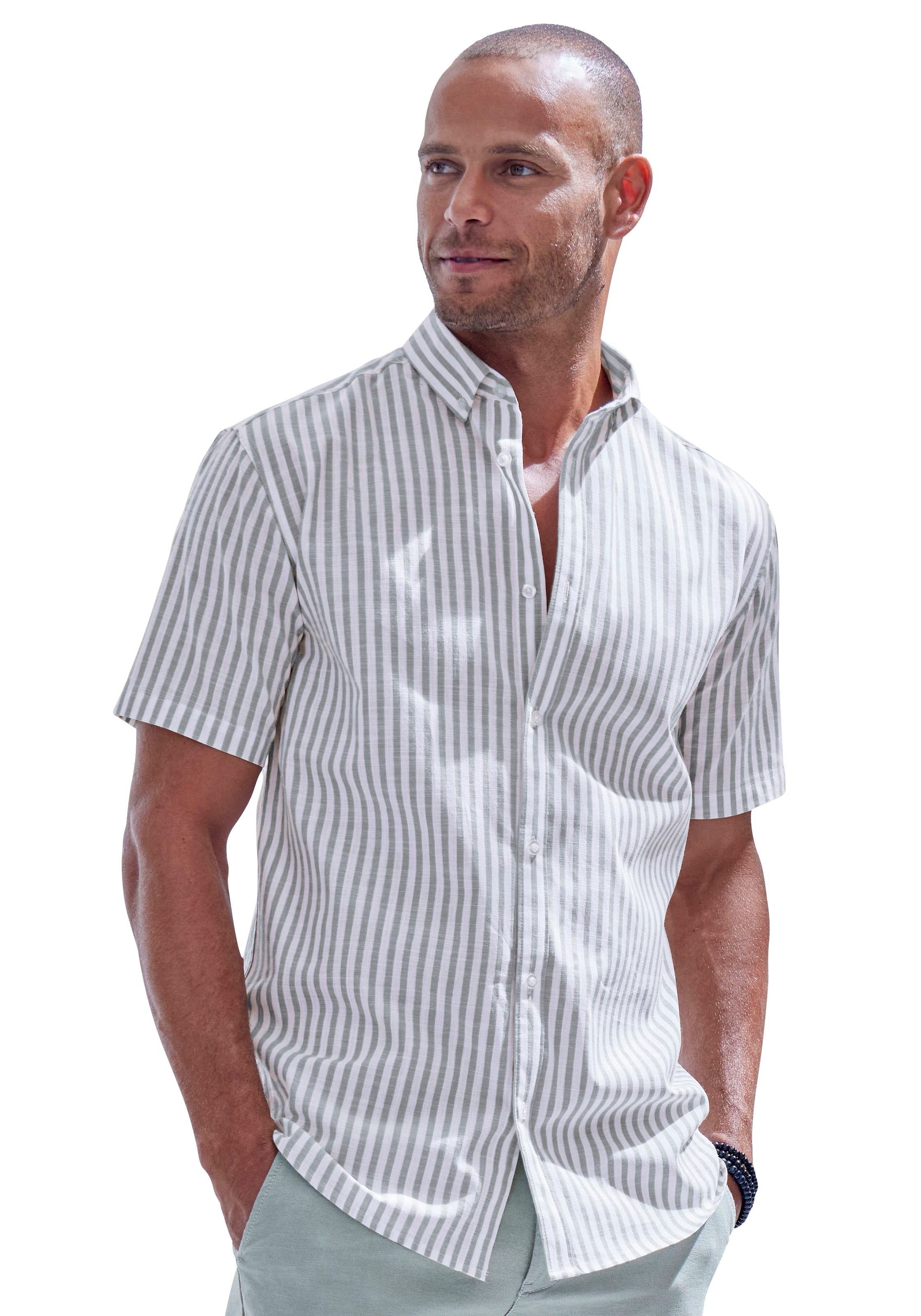 John Devin Kurzarmhemd »Regular Fit,« Streifenhemd mit Button-down-Kragen aus reiner Baumwolle