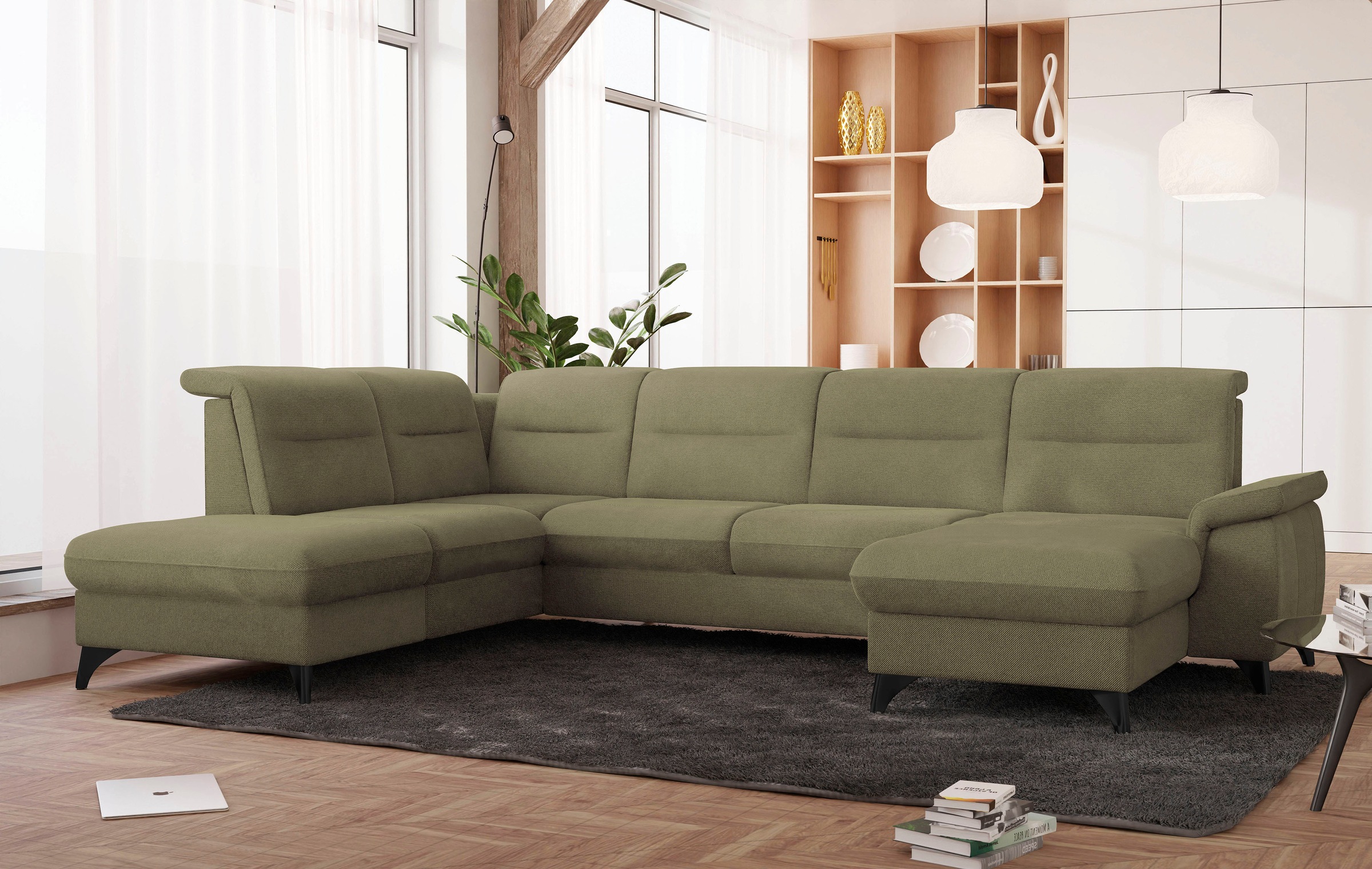 Wohnlandschaft SIT & MORE "Astoria U-Form", grün, B:329cm H:91cm T:225cm, 100% Polyester, Sofas, Wohnlandschaft, wahlweise mit motorischer Relaxfunktion 10