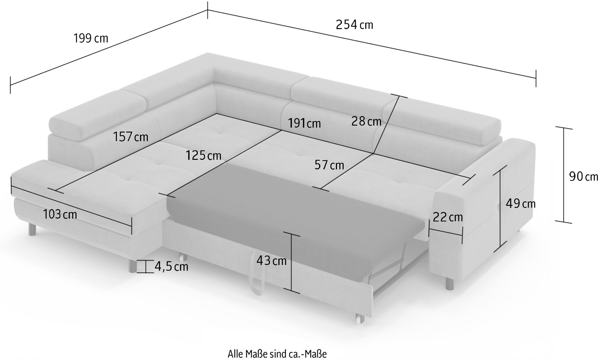 OTTO home Ecksofa »AADEN Schlafsofa 254 cm - OTTO. Verlässliche Qualität.« mit Bettfunktion, Bettkasten, Kopfstützen, rechts/links bestellbar