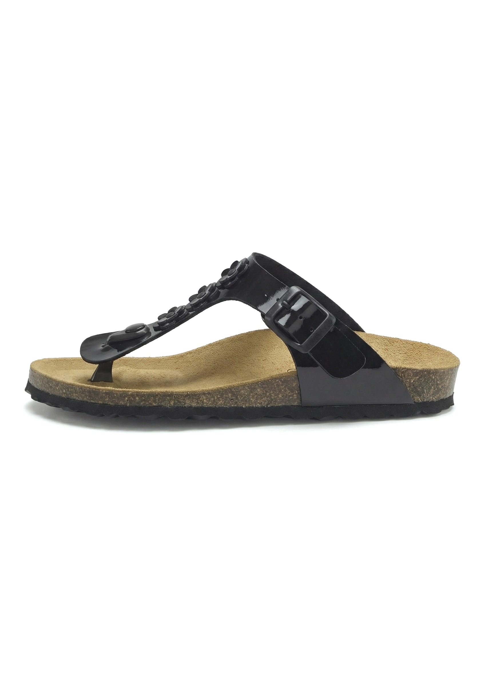 Zehentrenner LASCANA "Sandale, Pantolette, offener Schuh, Sommerschuh", Damen, Gr. 36, schwarz lack, Obermaterial: 100% Lederimitat. Decksohle: 100% Rindsleder. Futter: 100% Textilmaterial. Laufsohle: 100% Synthetik, glänzend, Schuhe Zehentrenner, mit kom 2