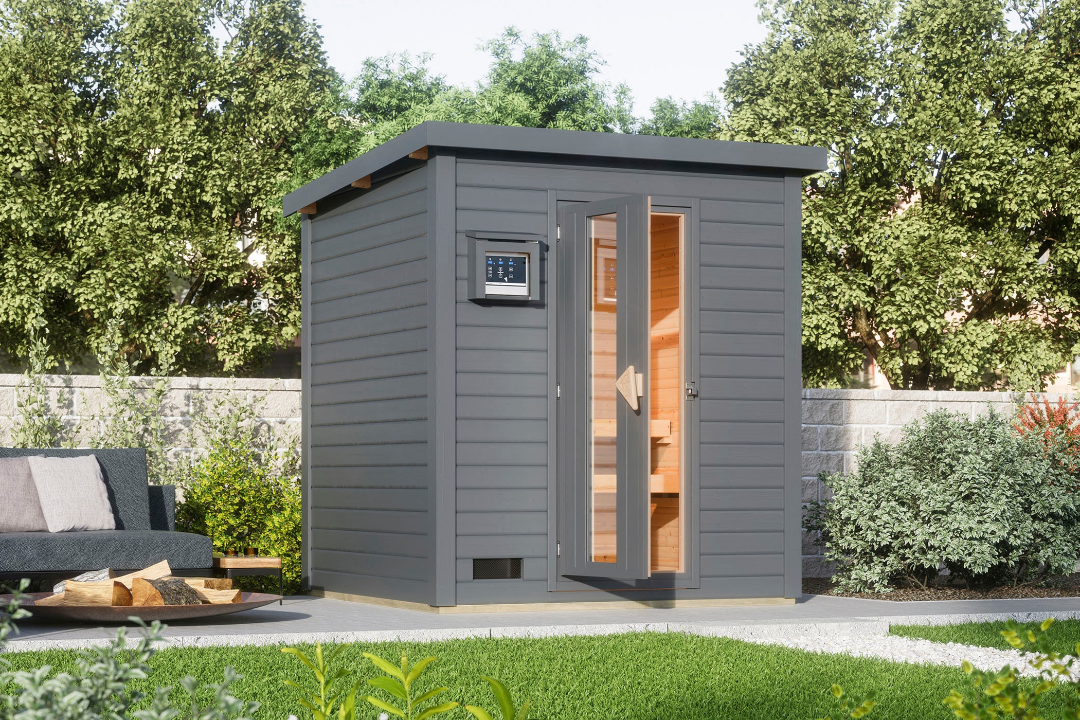 KARIBU Saunahaus "Talo 2", Bio-Ofen, externe Steuerung, (ohne Ofen), grau, Garten, Saunen, Ofen 9 kW Bio externe Strg easy