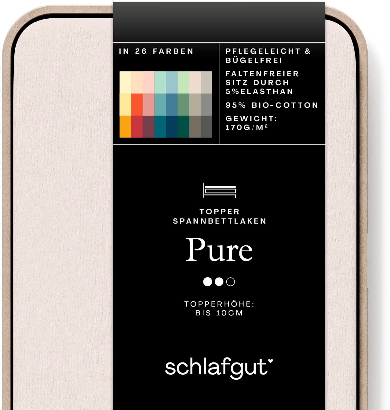 Schlafgut Spannbettlaken "PURE TOPPER Bio-Baumwolle mit Elasthan 170 g/m² für Topper bis 10 cm" PREMIUM Laken für Matratzen bis 10 cm Höhe, dehnbar, blickdicht
