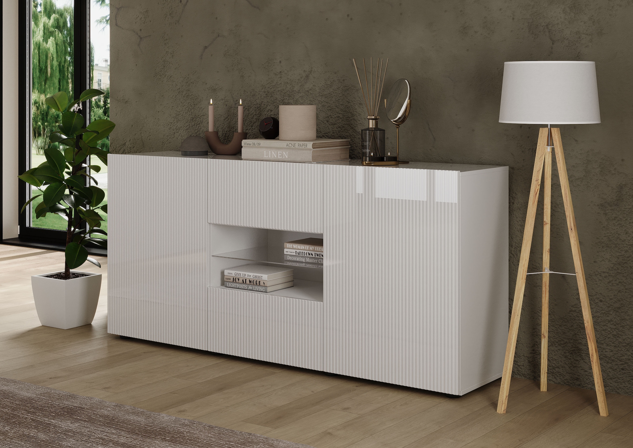 INOSIGN Sideboard »Rio Breite 181 cm, Kommode mit 2 Türen u. 2 Schubkästen,«, Anrichte, geriffelte Front, modern u. elegant, viel Stauraum