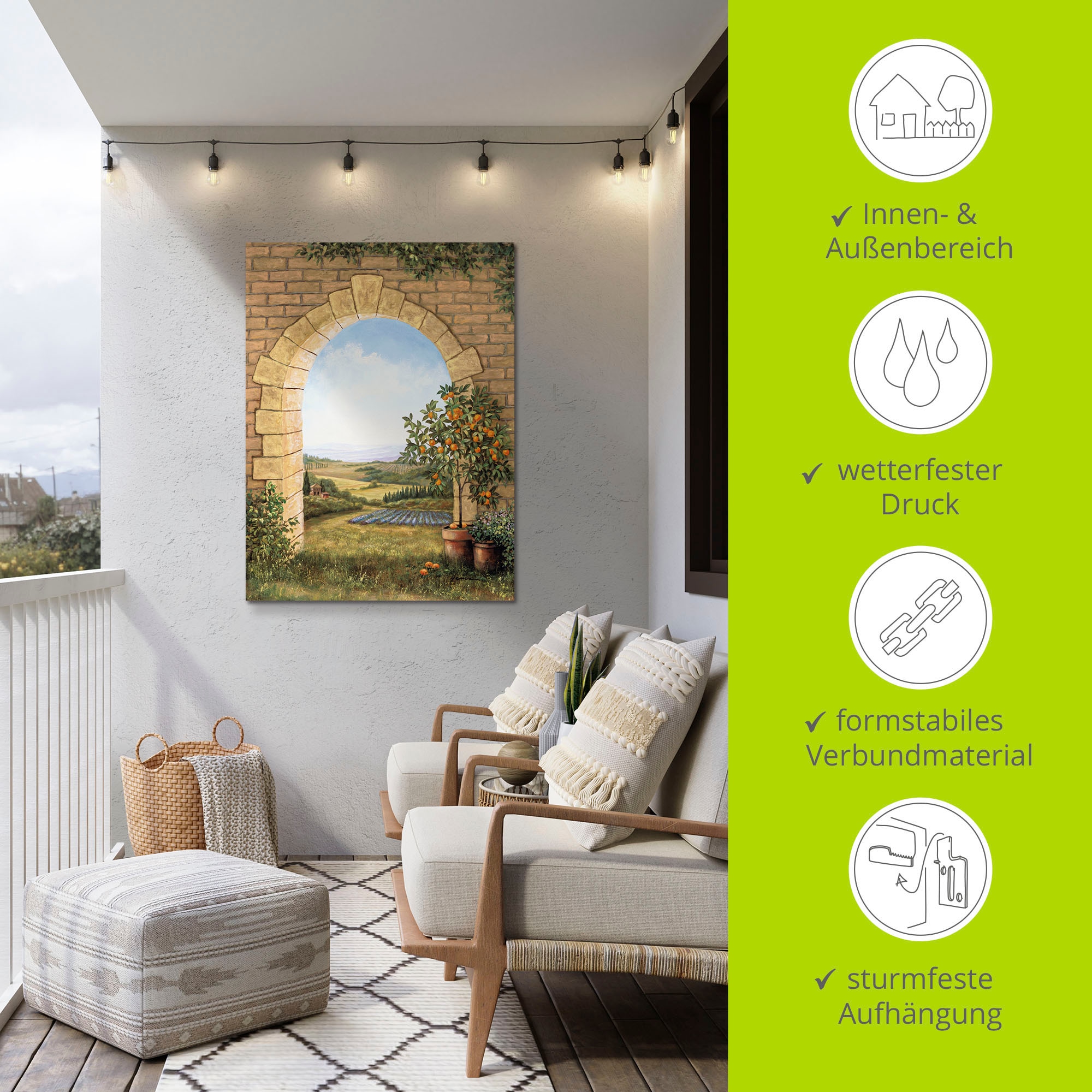 Artland Wandbild »Orangenbaum vor dem Torbogen«, Fensterblick, (1 St.), als Alubild, Outdoorbild, Leinwandbild, Poster, Wandaufkleber