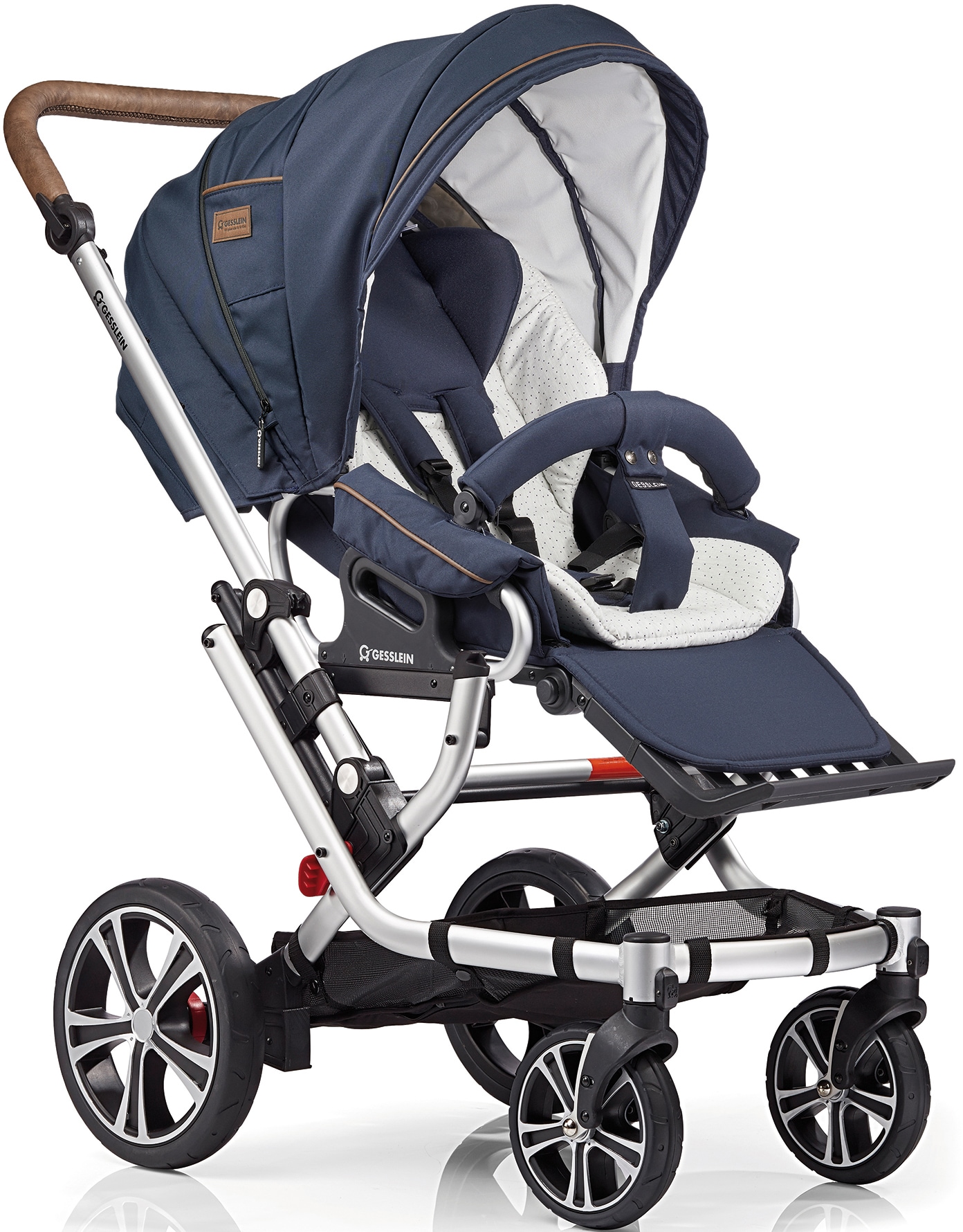 Gesslein Kombi-Kinderwagen »F6 Air+, eloxiert/tabak mit Tragetasche C2 Compact, marine/Tupfen«, Design & Handarbeit aus Deutschland