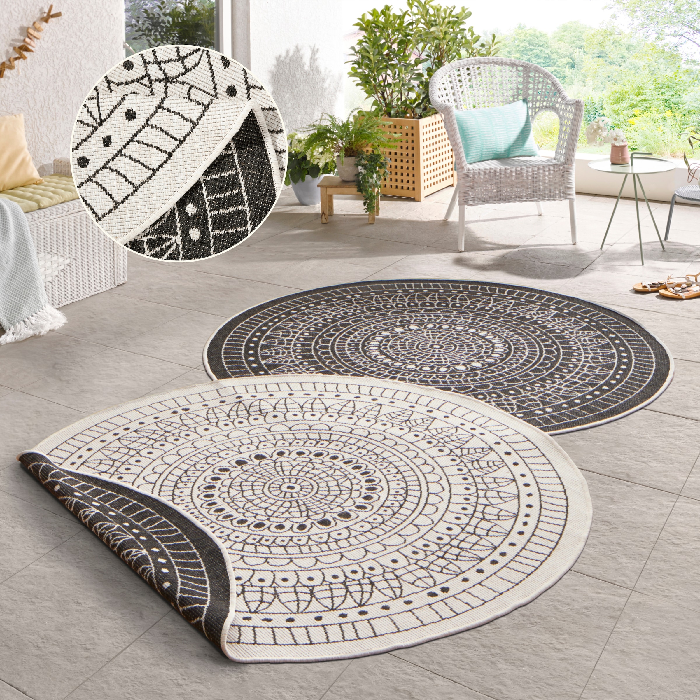 HANSE Home Teppich "Porto Wendeteppich" rund 5 mm Höhe In-& Outdoor, Wetterfest, Balkon, Garten, Wohnzimmer, Wasserfest