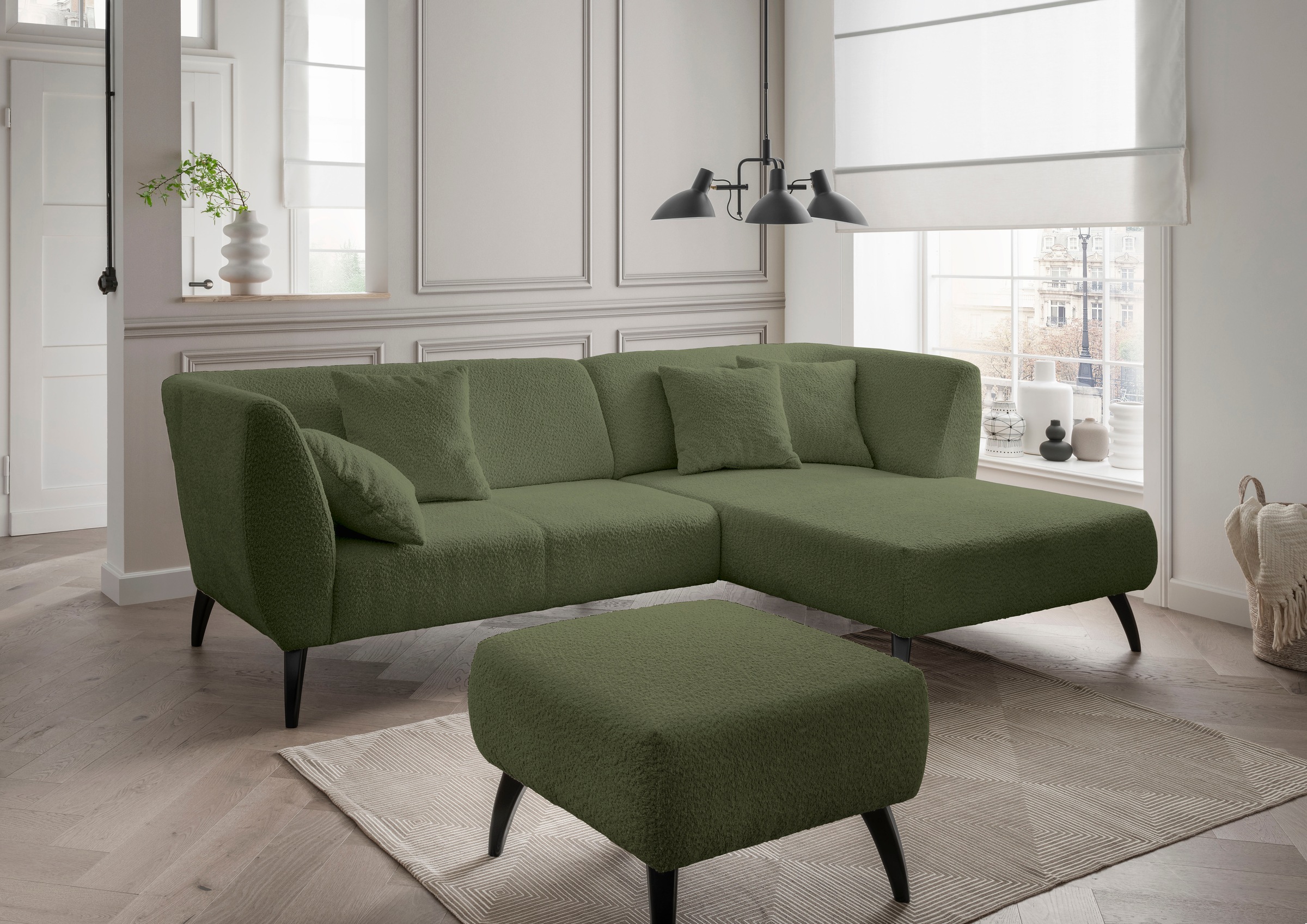 INOSIGN Polsterhocker »Colori«, Holzfußfarbe wählbar, verschiedene Stoffe, hochwertige Stoffqualität