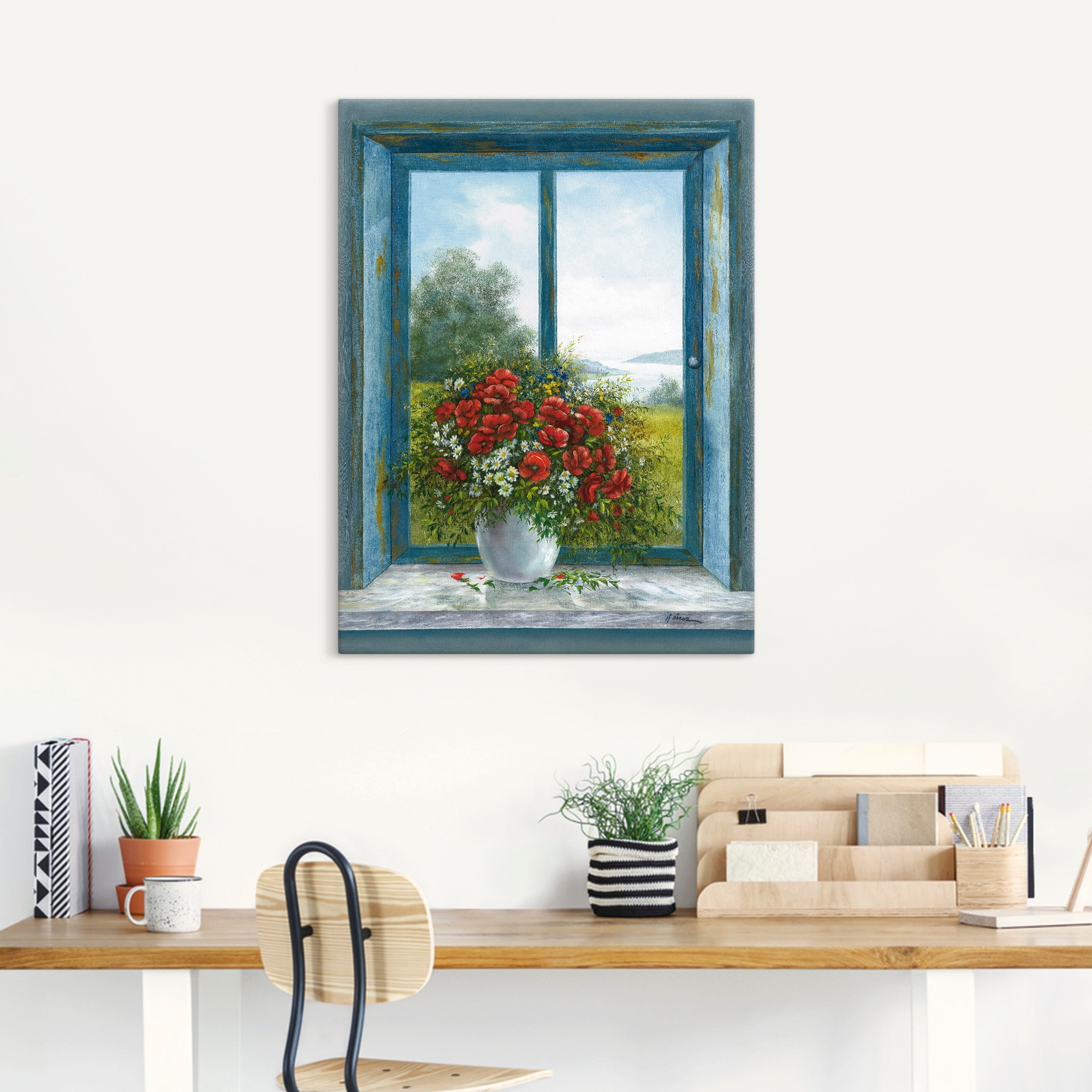 Artland Wandbild "Mohnblumen am Fenster" Arrangements 1 Stk. tlg. auf Holzr günstig online kaufen