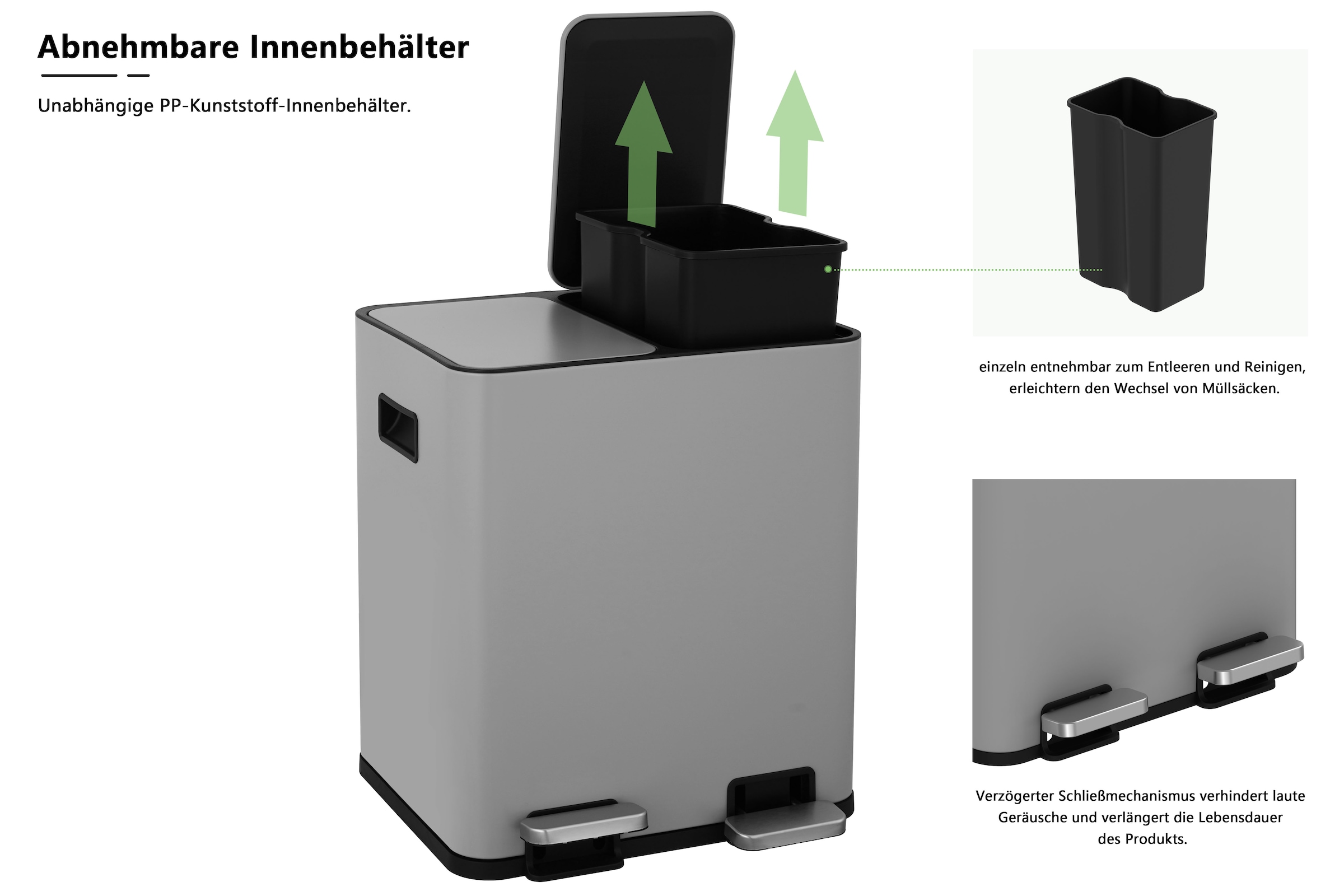 OTTO home Mülleimer »Garrin, mit 2 Fächern, Fassungsvermögen jeweils 15 Liter bzw. 30 Liter« 2 Behälter Mülltrennsystem mit 2 separaten Innenbehältern und Fußtrittpedalen