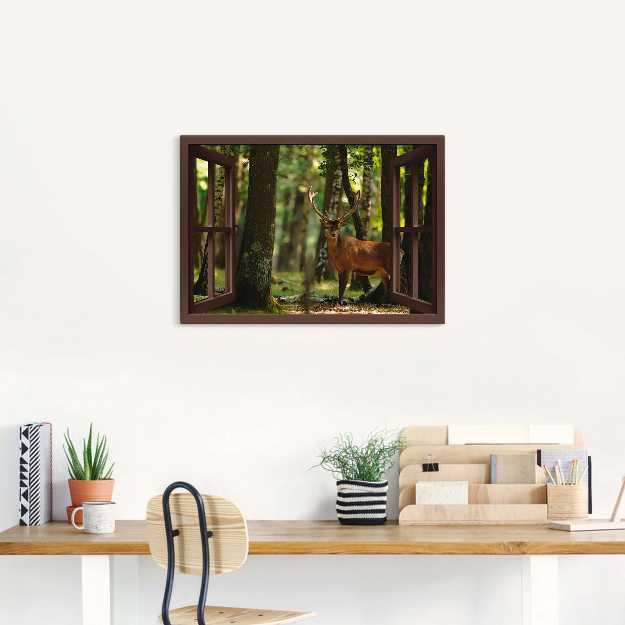 Artland Leinwandbild "Fensterblick - Hirsch 4 - Wald" Fensterblick 1 Stk. t günstig online kaufen