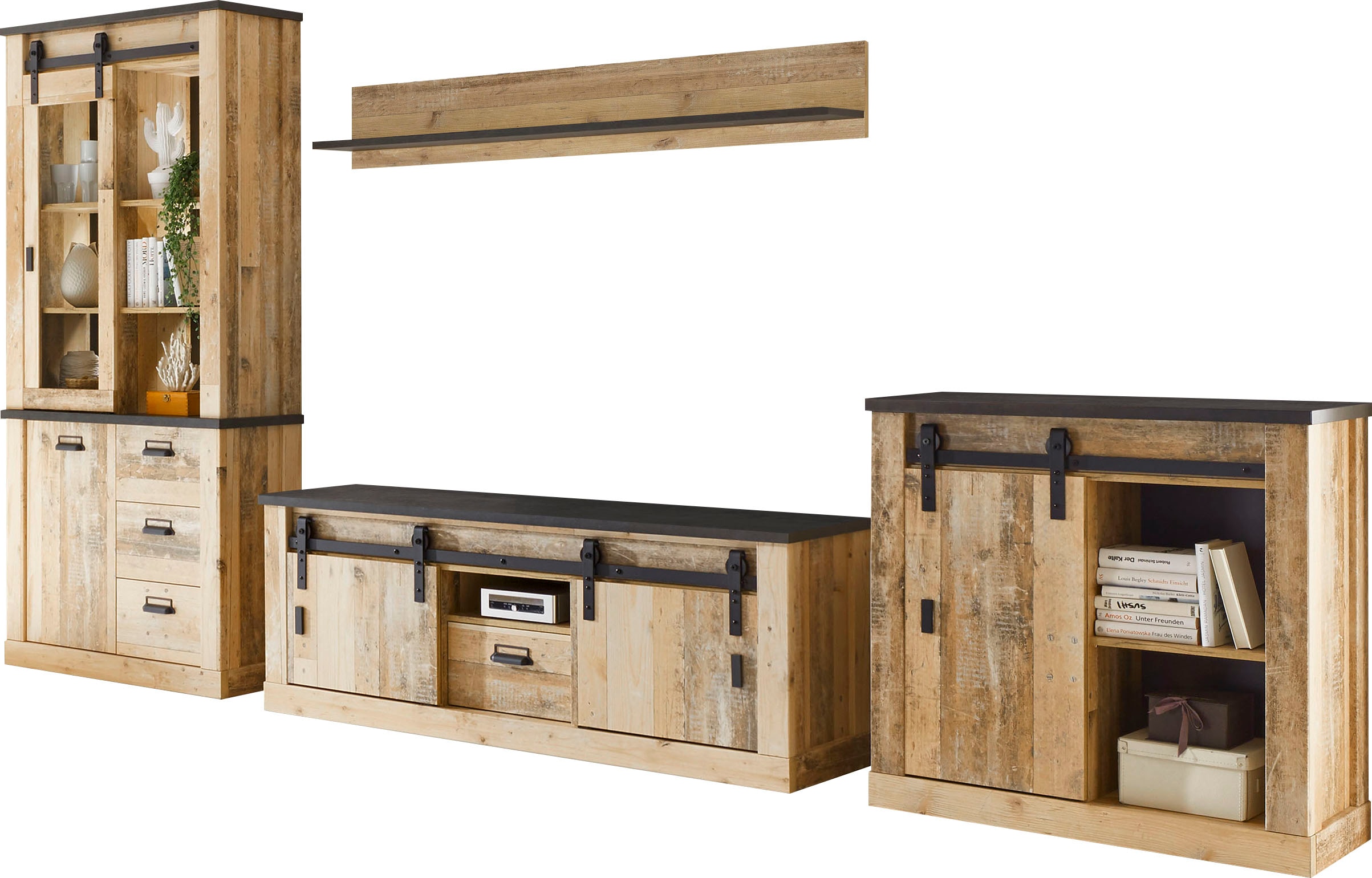 Home affaire Wohnwand "Sherwood, Anbauwand im Industrial-Style, Komplettset, Wohnzimmer-Set" 4 Stk. tlg.