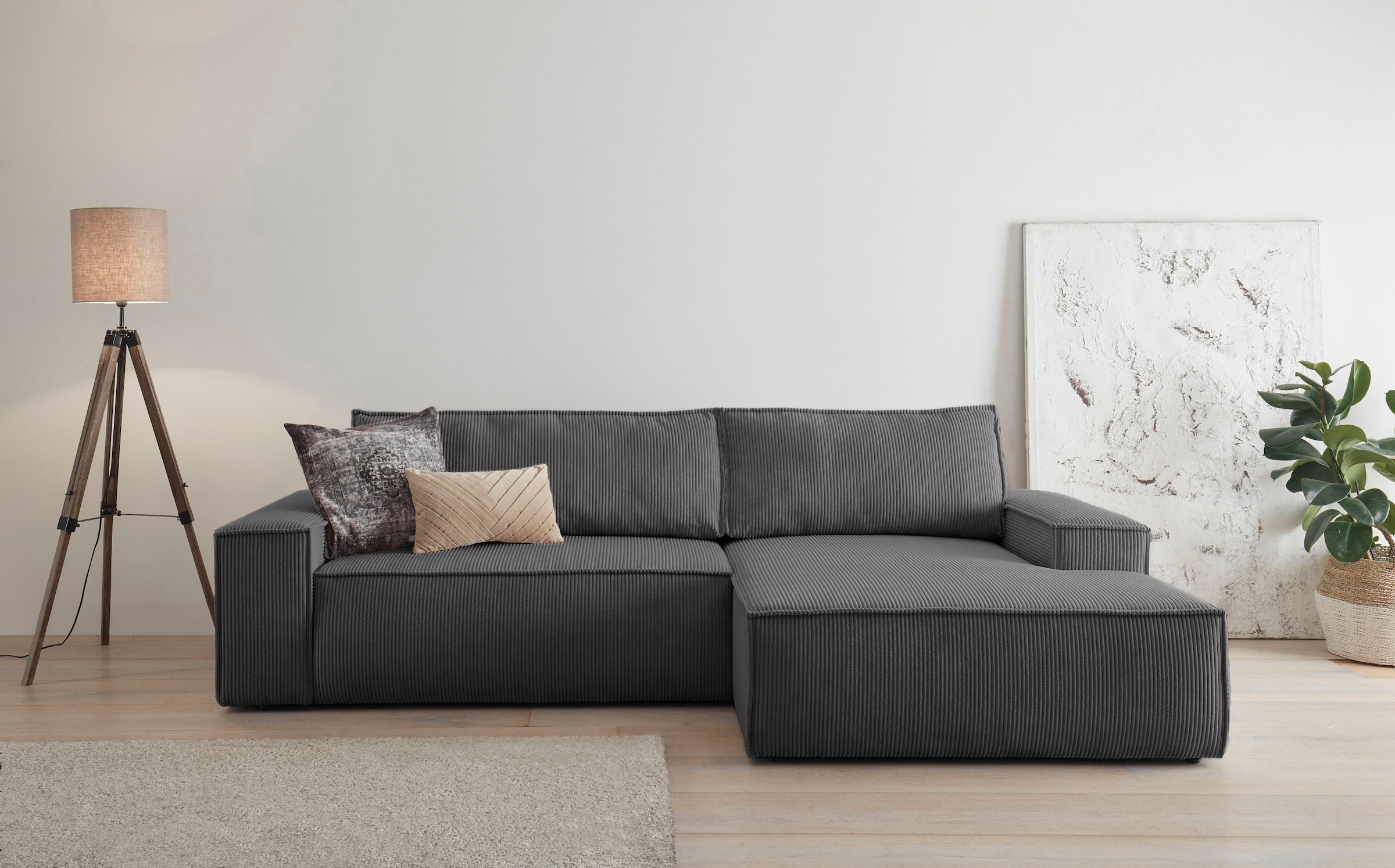 OTTO home Ecksofa »SHERWOOD L-Form, 267 cm - OTTO. Verlässliche Qualität.« Schlaffunktion mit Bettkasten (210x136 cm), Cord, Vintage, Samtvelours
