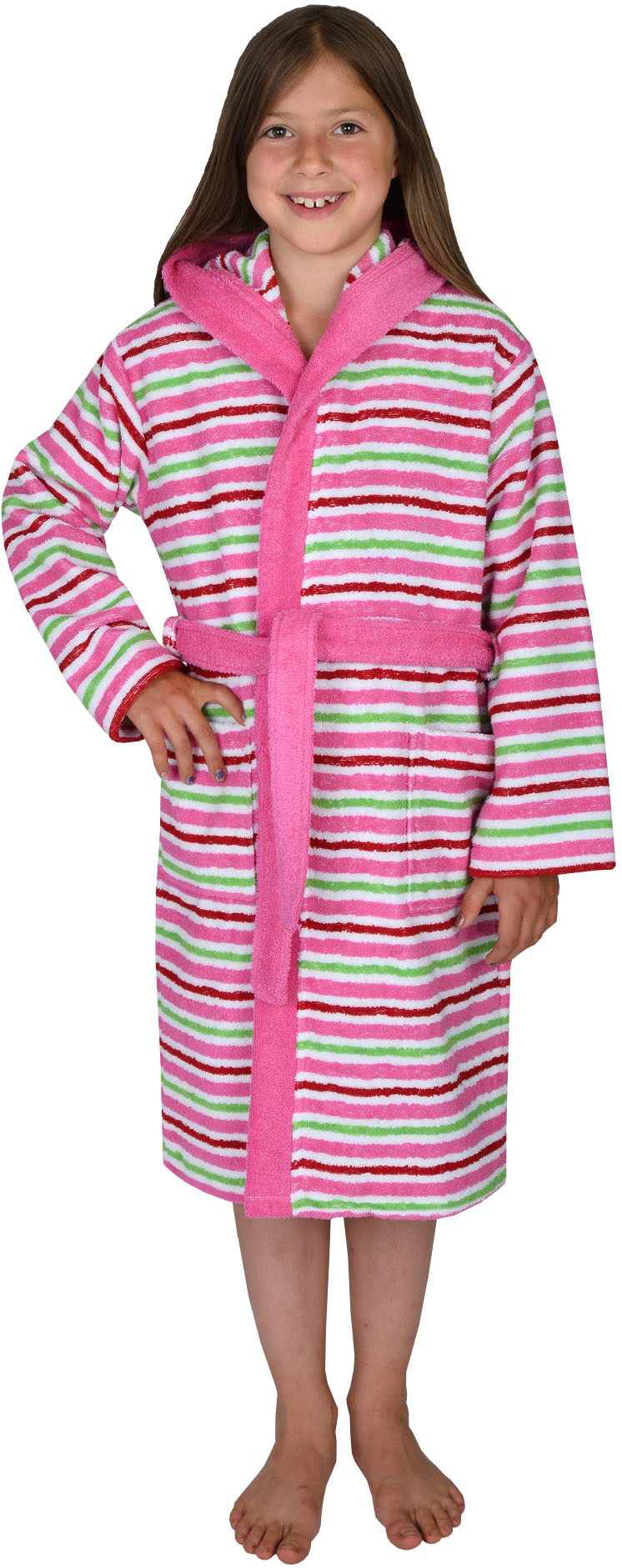 Kinderbademantel WÖRNER, L:95cm, lila, Baumwoll-Webfrottier, Hausmäntel, "Ringel", Streifenmuster, mit Taschen, maschinenwaschbar, trocknergeeignet