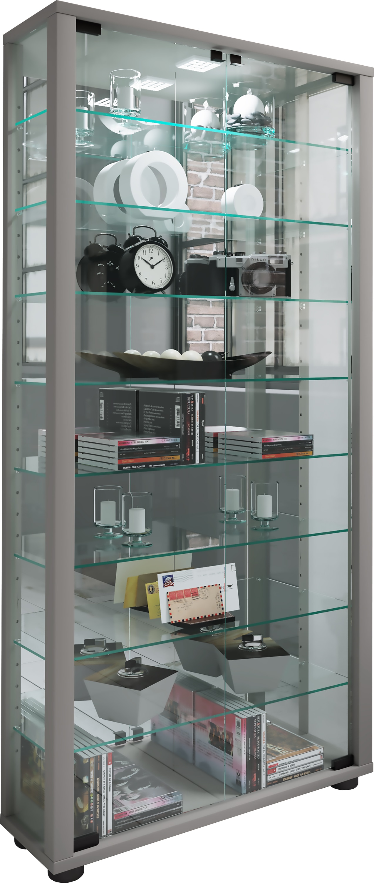 Vitrine VCM, B:59cm H:115cm T:18cm, silber, Obermaterial: 100% Holz Wood., Wohnzimmer, Schränke, "VCM Glasvitrine stehend Vitrine Glas mit