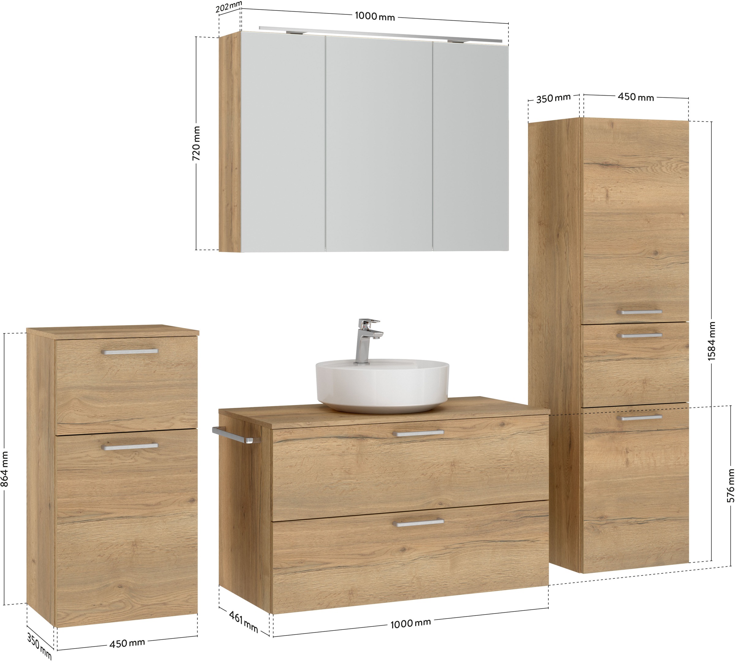 nobilia® Badmöbel-Set »Alvene«, (4 St., vormontiert, mit Soft-Close), inkl. Spiegelschrank mit Beleuchtung und Dimmerfunktion, in 4 Breiten