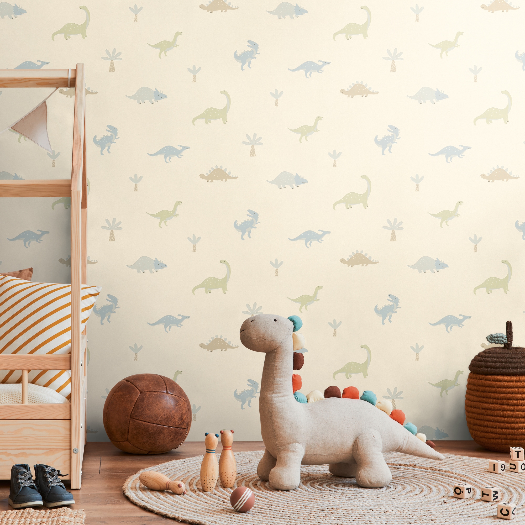 living walls Vliestapete "Kids Studio Dinosaurier – Vliestapete für Kinder" Motiv grafisch naturalistisch glatt Freundliche Dinosaurier und Palmen im modernen Scandi-Look