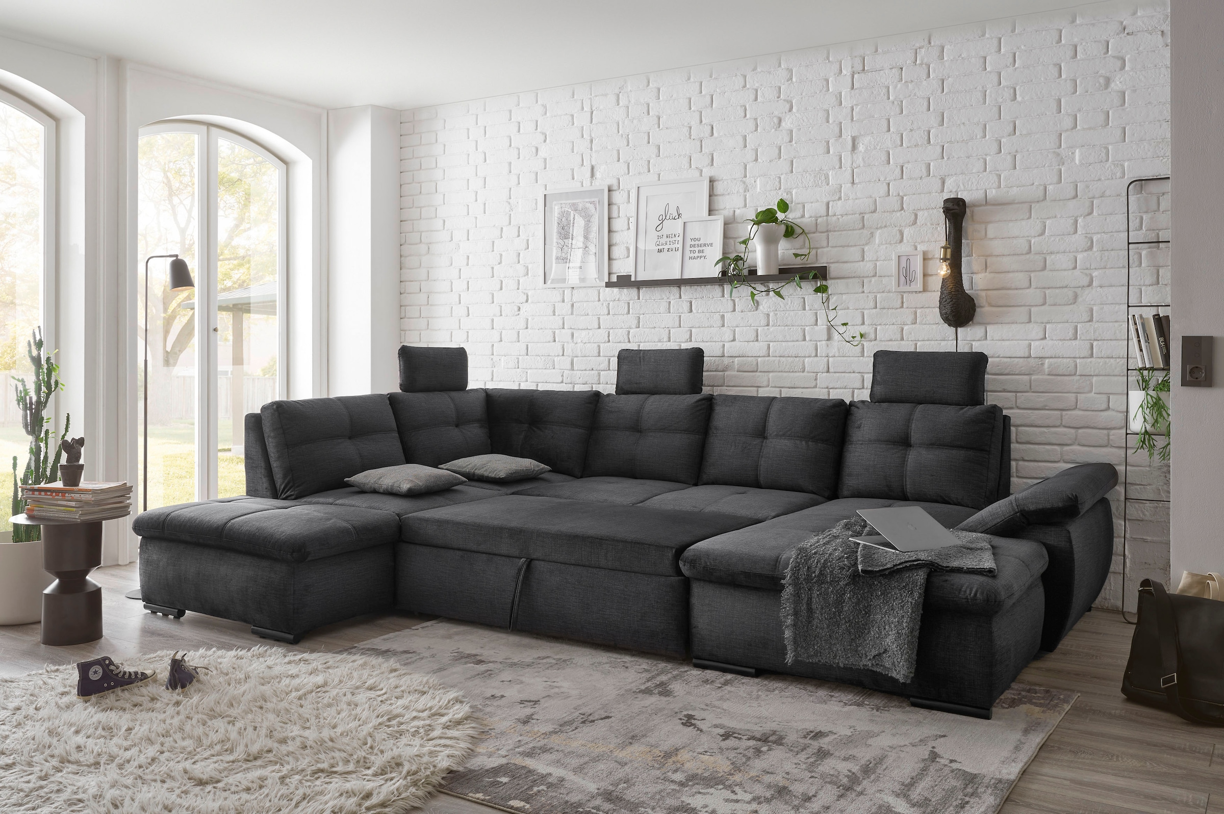 ED EXCITING DESIGN Wohnlandschaft »Alija U-Form«, frei im Raum stellbar, Schlaffunktion, Kopfstützen, Armteilverstellung