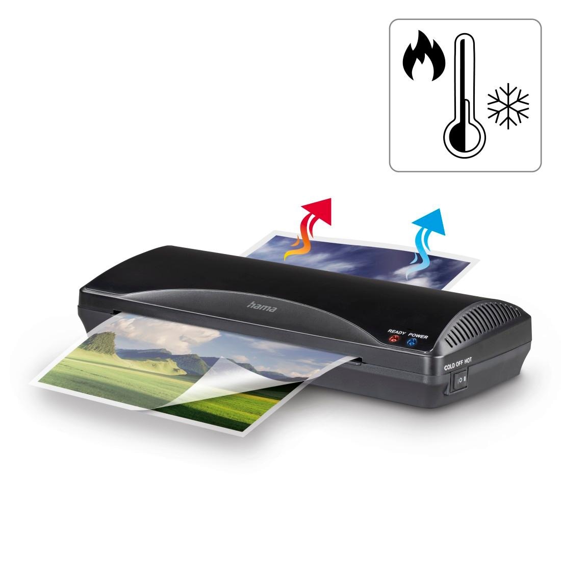 Hama Laminiergerät »Laminator für DIN A4, Heiß- und Kaltlaminierung, 2 Rollen, schwarz«, Mit Laminierfolien, Tischgerät, Verwendung im Office und Privat
