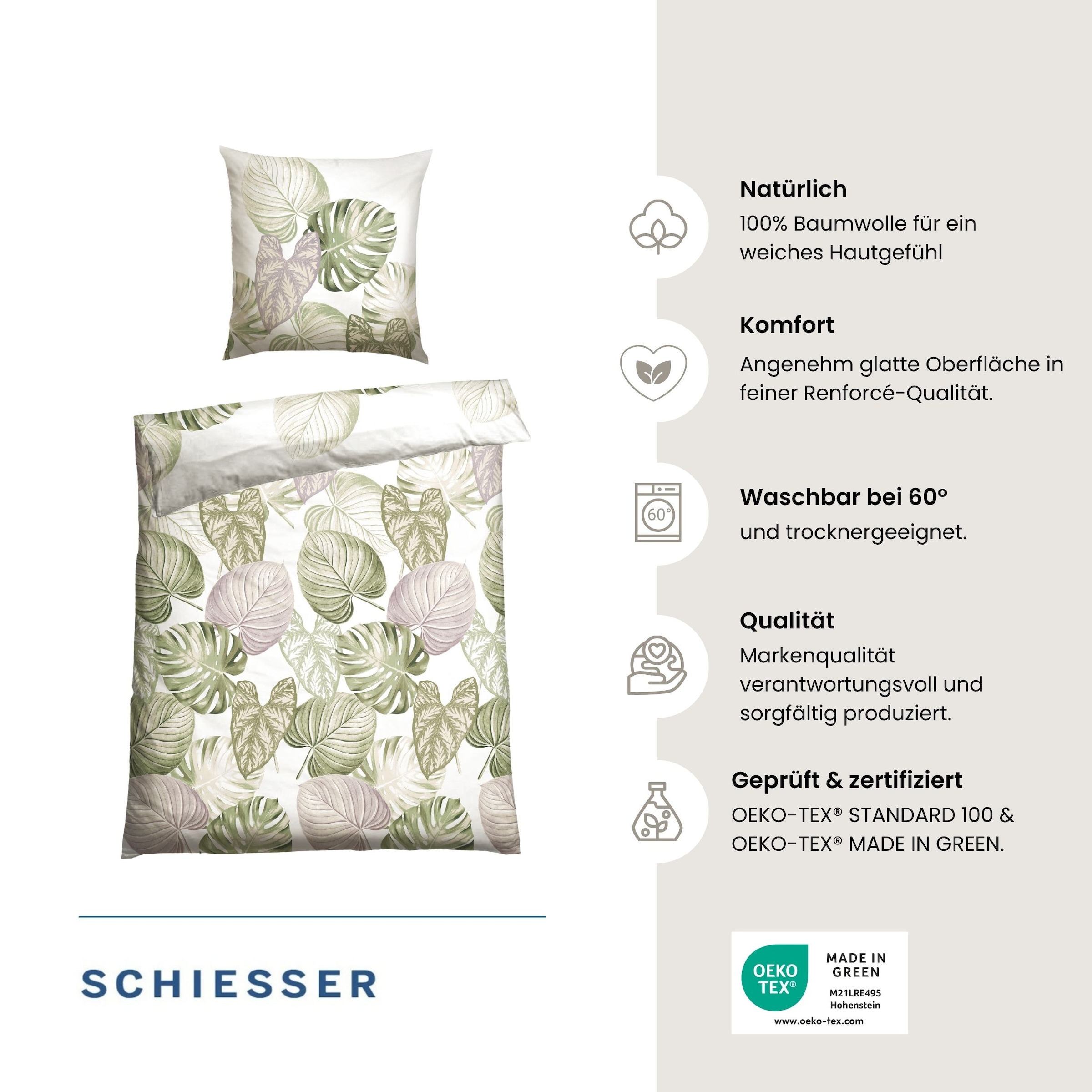 Schiesser Bettwäsche »Bretta aus weicher Baumwolle mit filigranem Palmwedel-Muster« 2 Stk. OEKO-TEX® MADE IN GREEN