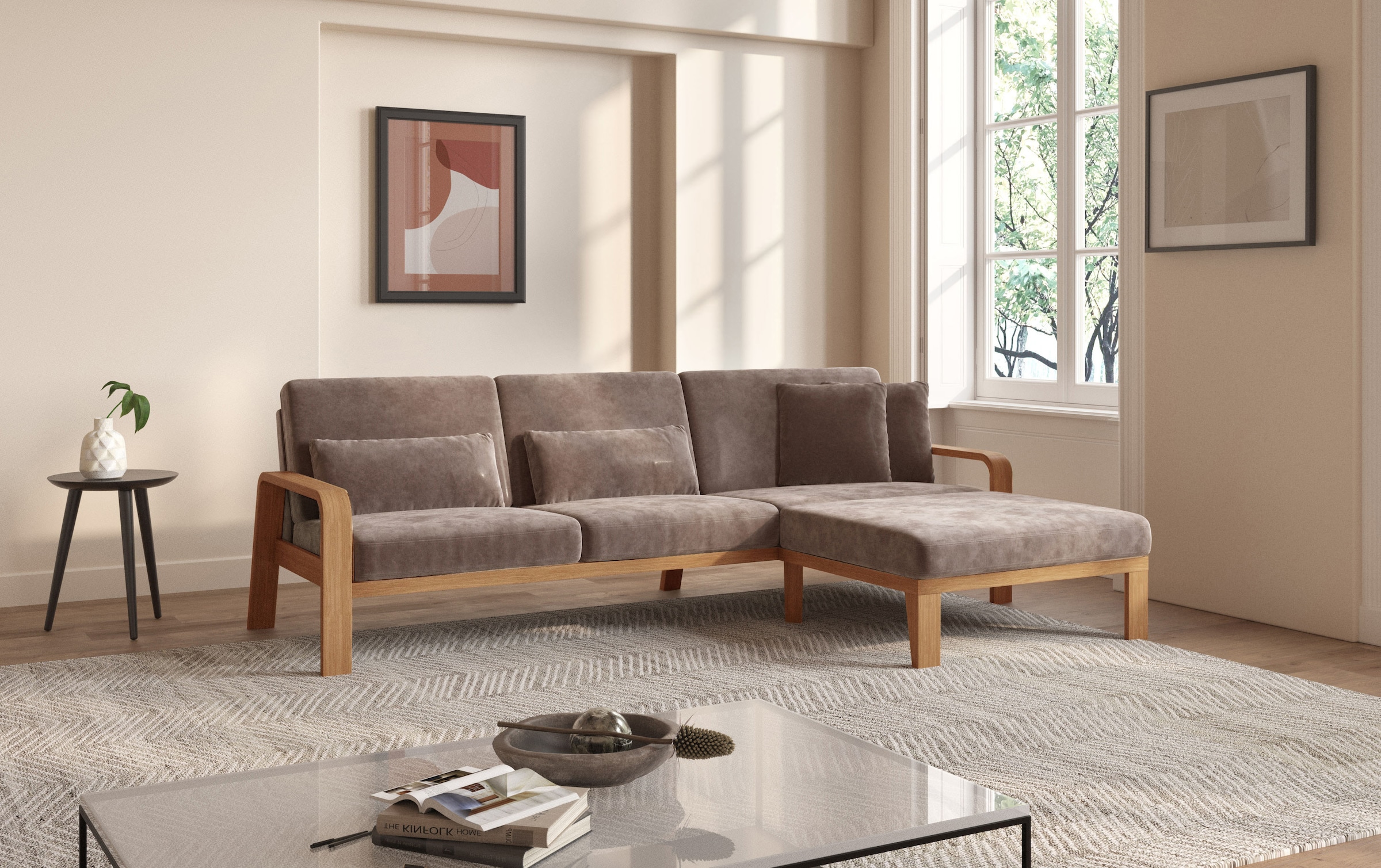 sit&more Ecksofa »Kolding L-Form«, Armlehnen aus eichefarbigem Buchenholz, verschiedene Bezüge und Farben