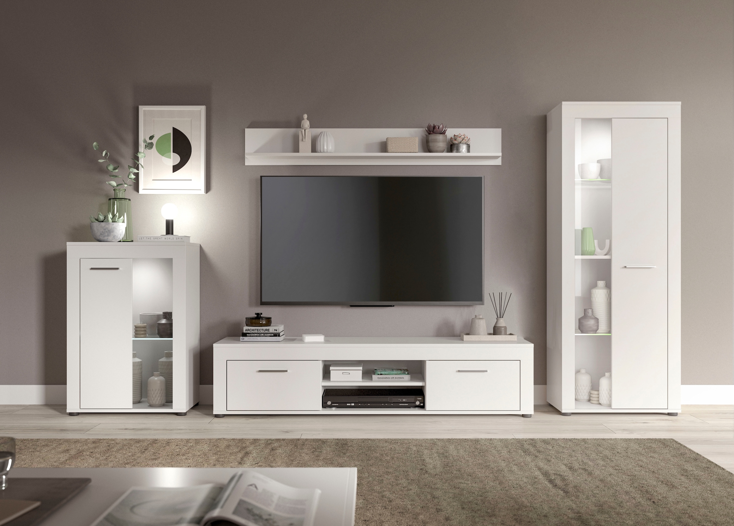 OTTO home Wohnwand "AOSTA, Breite 310cm, 4-teilige Wohn-Kombination" bestehend aus: Vitrine, Lowboard, Wandboard & Vitrine hoch, 4 Stk. tlg.
