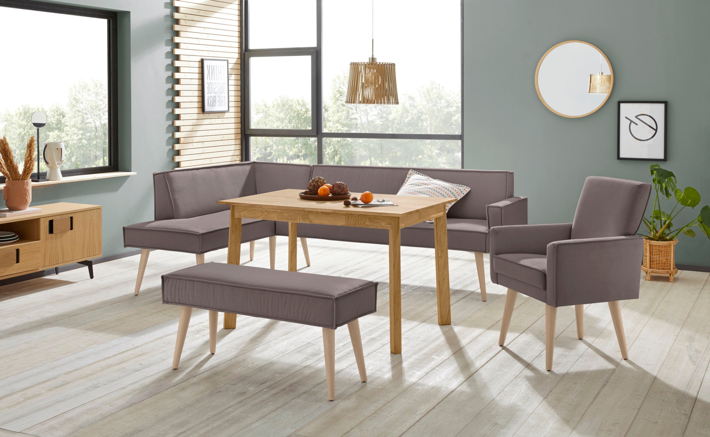 exxpo - sofa fashion Eckbank »Lungo, moderne Kedernaht, bequem und elegant, hoher Holzfuß«, hochwertige Detailverarbeitung, frei im Raum stellbar