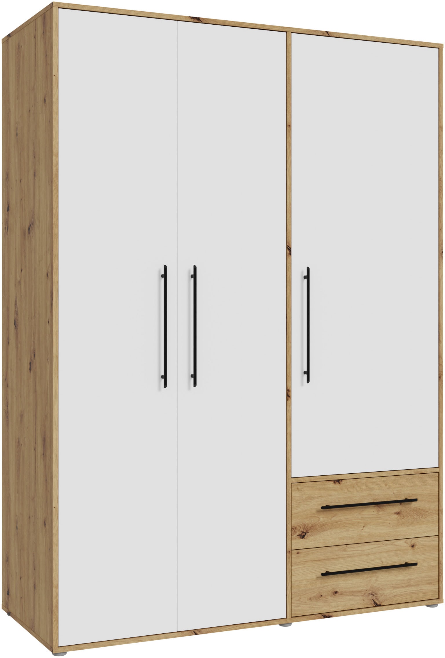 FORTE Kleiderschrank "Mokkaris, Garderobe, zeitloses Design, 3 Türen, Made in Europe" B/H/T ca. 144x200x59cm, Zwei Schubladen, schwarze Stangengriffe, Stauraum, auch in Schwarz