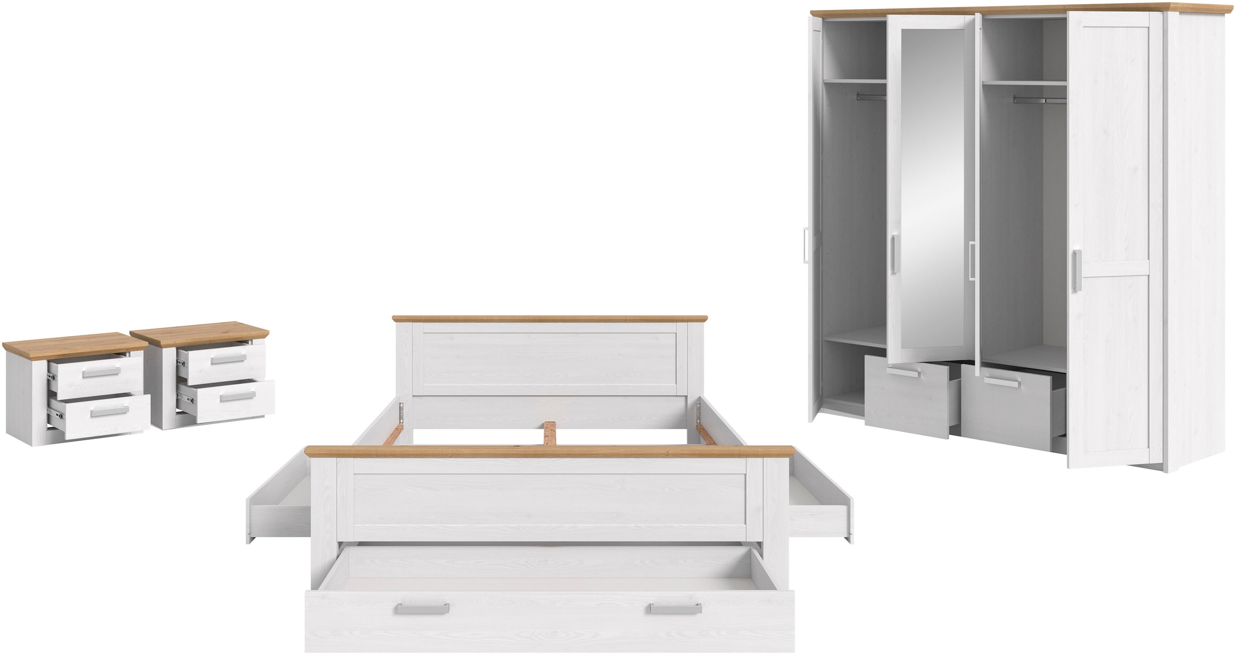 Home affaire Schlafzimmer-Set »COSENZA, TOPSELLER!, 4-teilig, Kleiderschrank, Bett & 2x Nachttische« Matratzengröße 180x200 cm, viel Stauraum, ohne Lattenrost & Matratze, 4 tlg. tlg. Schlafzimmer, Schlafen, Set, Kombination, Bettanlage