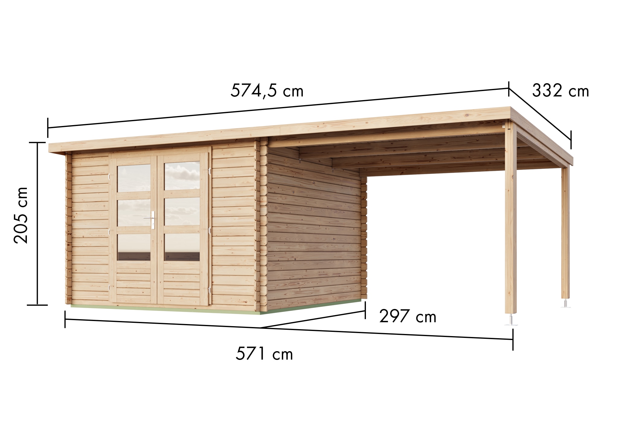 Karibu Gartenhaus »"Remus" Pultdach 2,97x2,97m inkl Anbaudach 3m naturbelassen«, Gartenhaus aus hochwertiger nordischer Fichte