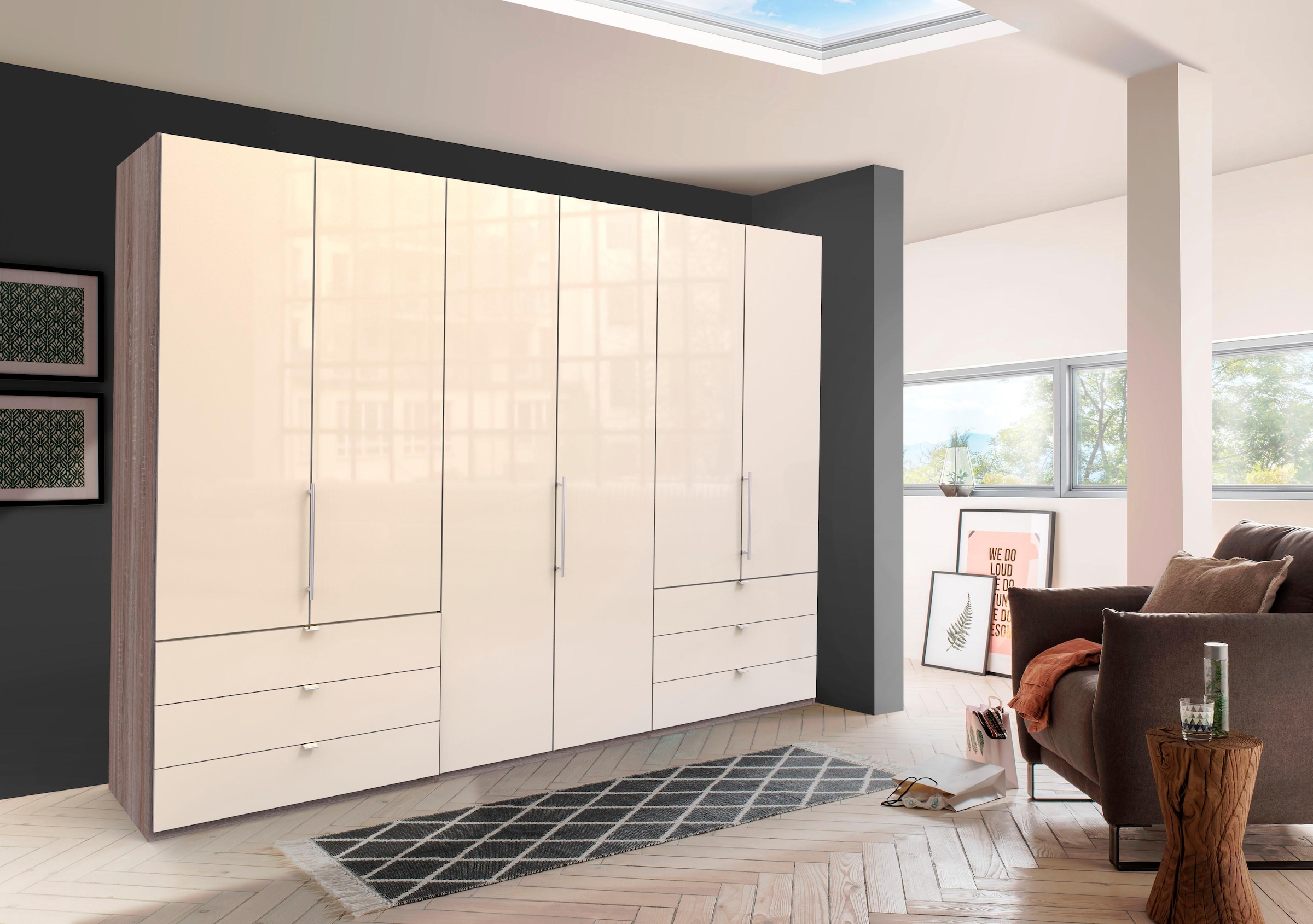 WIEMANN Falttürenschrank "Loft, Kleiderschrank, Schrank, Wäscheschrank, mit Glasfront" 3 Breiten, 2 Höhen 216/236 cm auswählbar, MADE IN GERMANY, inkl. gepämpften Schubkästen und Türen, mit Panoramaöffnung