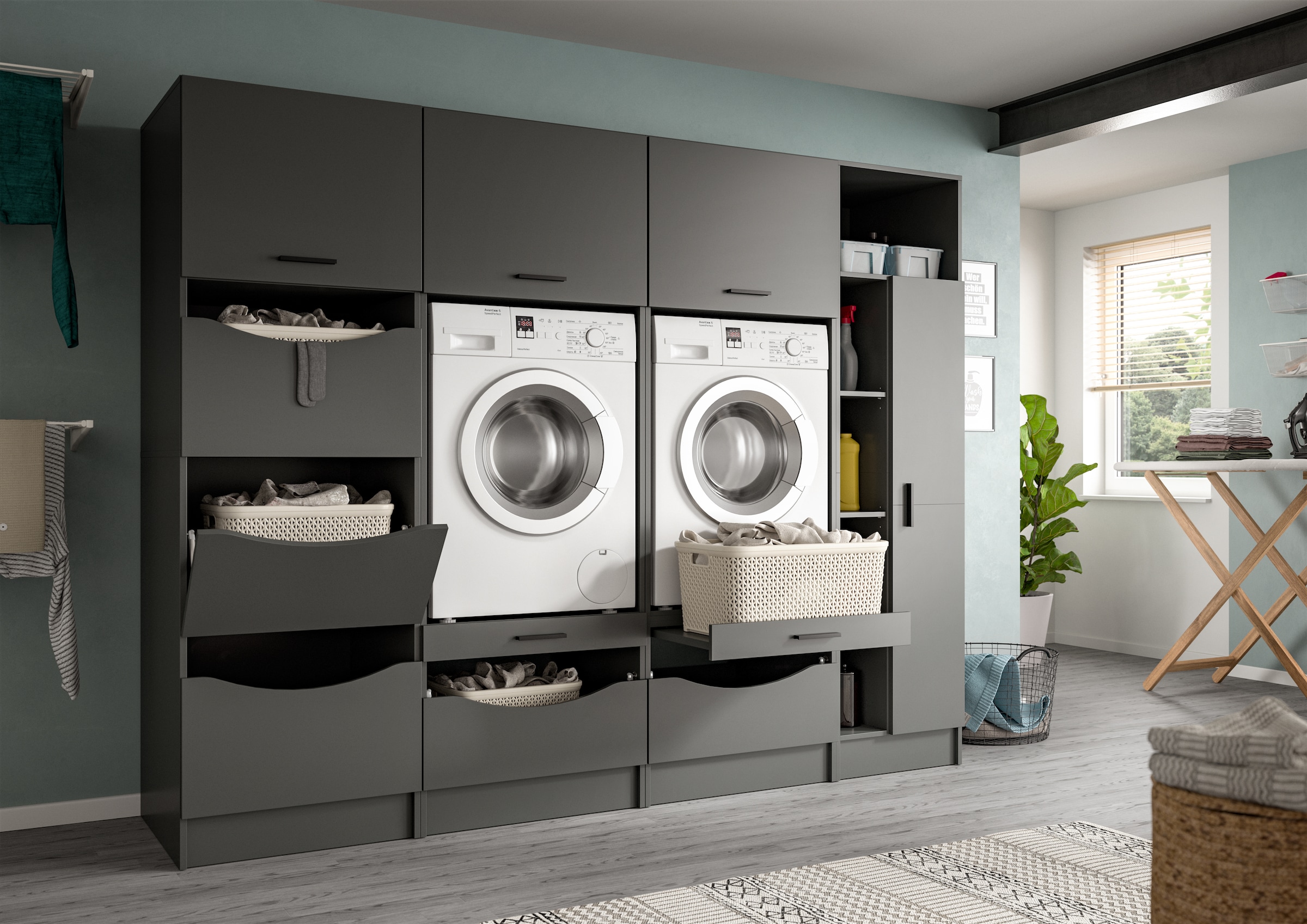 welltime Mehrzweckschrank-Set »FALAS, TOPSELLER!, 4-teilig, Hauswirtschaftsraum Set, Breite 292 cm« 2x Waschmaschinenumbau-, 1x Wäsche- & 1x Mehrzweckschrank, 