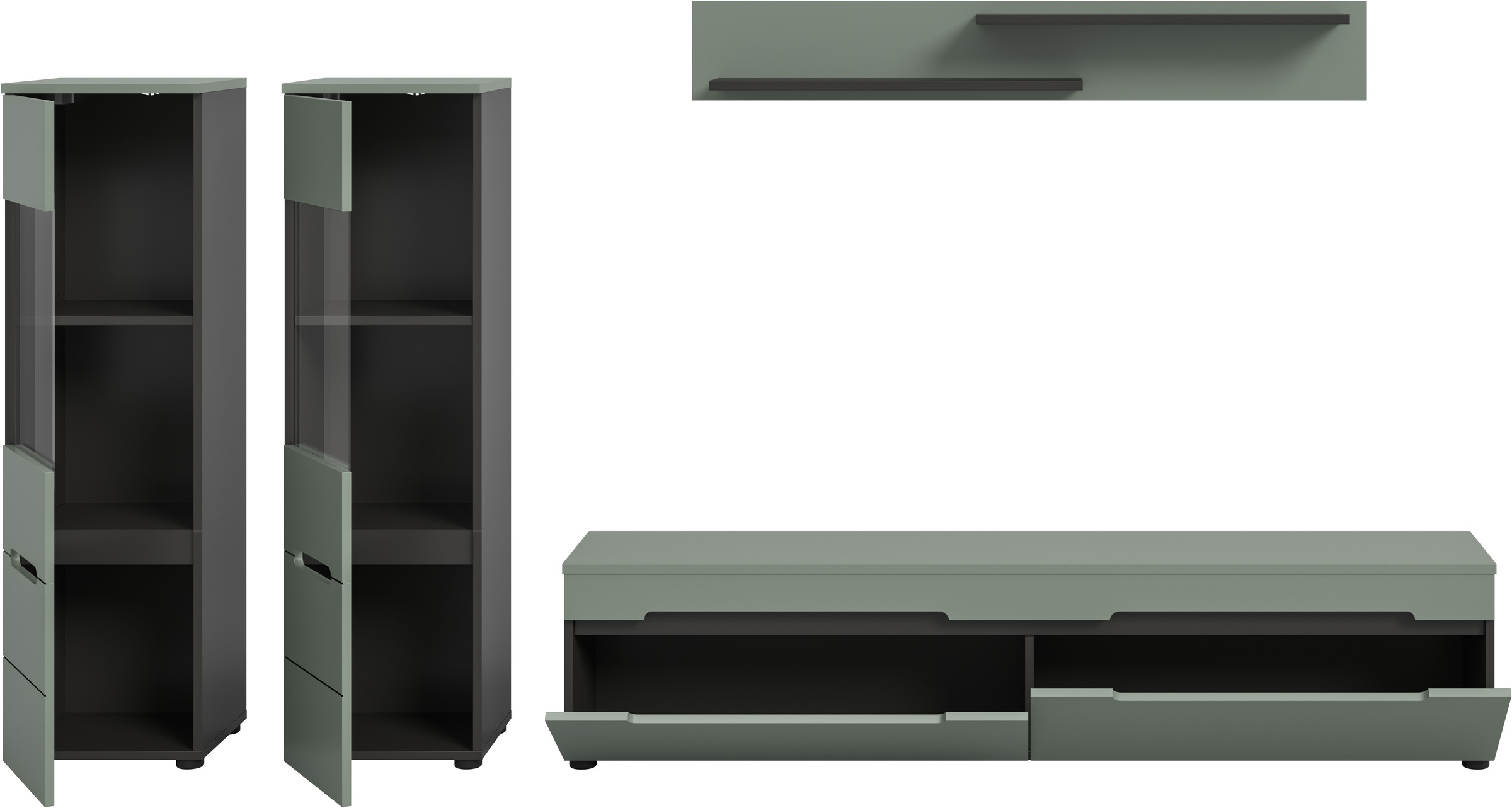INOSIGN Wohnwand »REHAT, TOPSELLER!, 4-teilig, wahlweise stehend und hängend montierbar«, (3 St., Set bestehend aus: 2x Vitrine, Lowboard und Wandboard), Kombination, Anbauwand, Set, Wohn-Set, Wohnzimmer-Set, Schrankwand