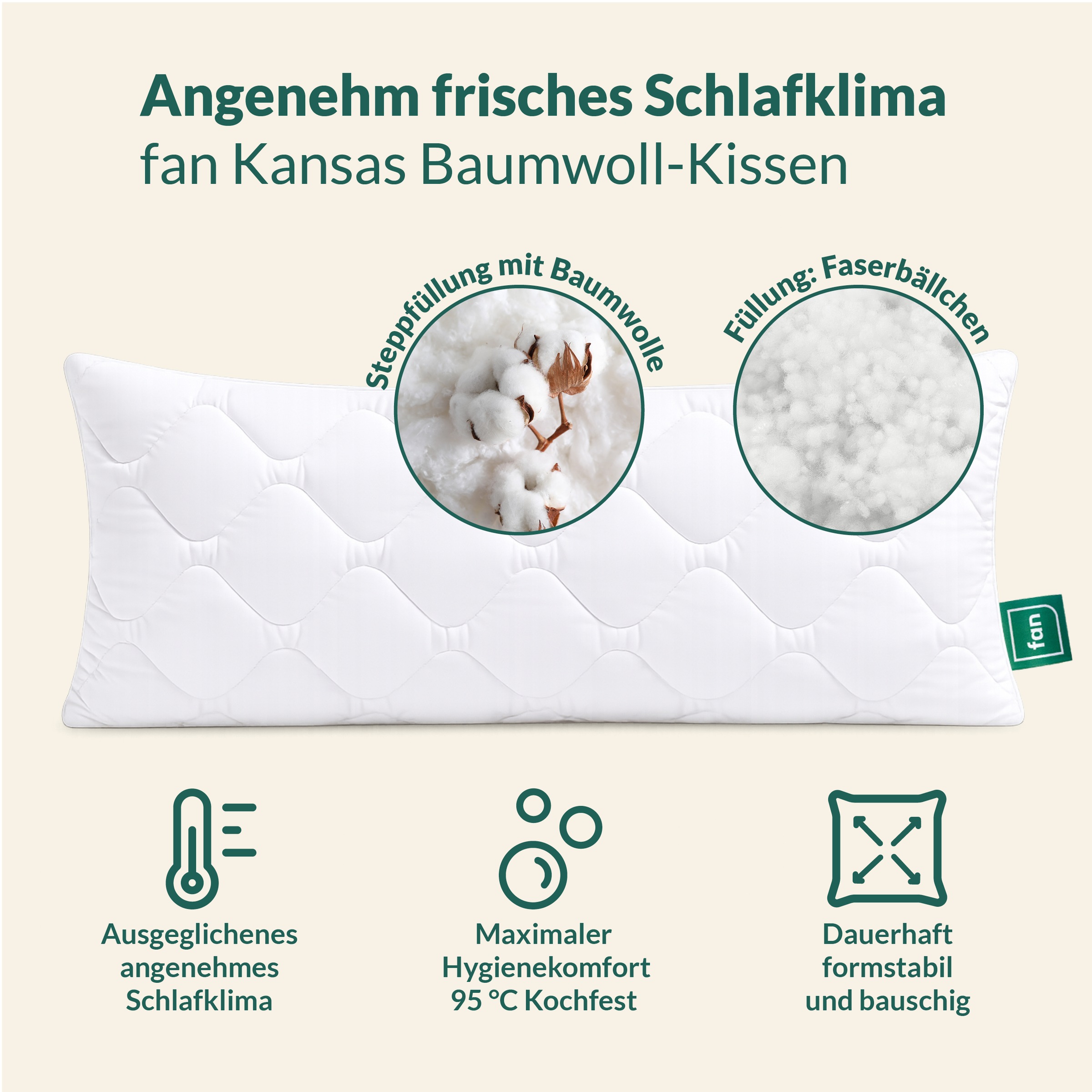 fan Microfaserkissen "Kansas, mit Baumwollbezug und Reißverschluss" Füllung: 100% Microfaser 1 Stk. tlg. in 40x80 oder 80x80 cm, Kopfkissen aus Microfaser, Made in Germany