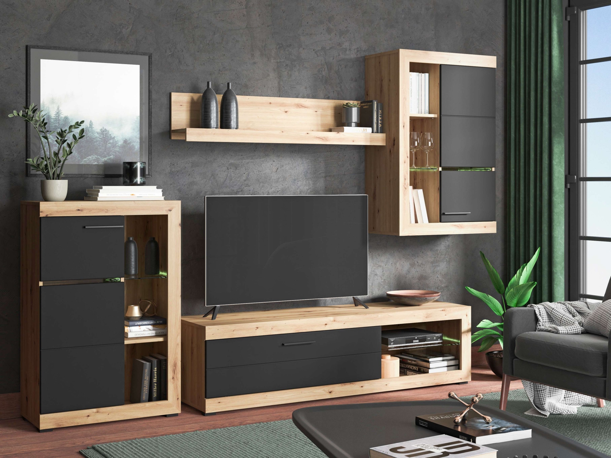 INOSIGN Wohnzimmer-Set »Rosso Wohnwand, Mediawand, Anbauwand, für TV bis 60', Breite 267 cm«, (Komplett-Set, 4 St., 4-st), Set besteht aus Highboard, TV-board, Wandregal und Hängeschrank