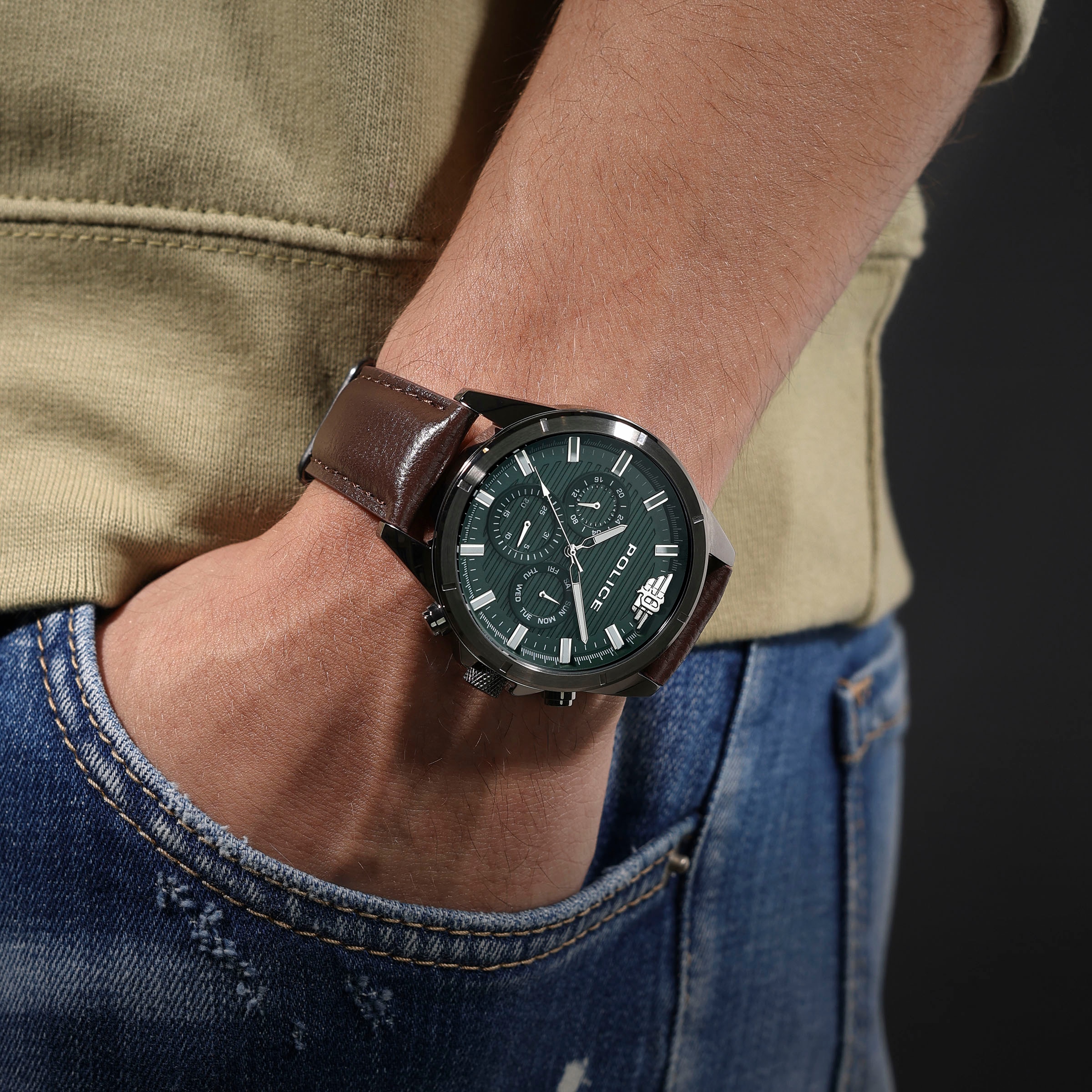 Police Multifunktionsuhr »MALAWI«, Quarzuhr, Armbanduhr, Herrenuhr, Lederarmband, analog, Wochentag