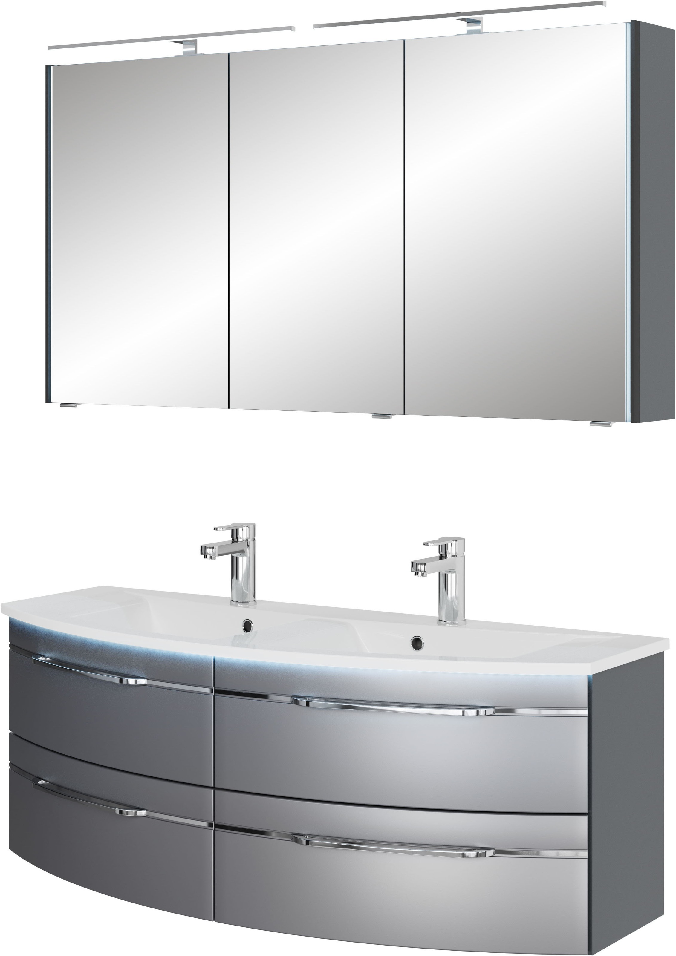 Saphir Badmöbel-Set »Badezimmer-Set 133,2 cm breit, inkl. Türdämpfer, 3 Türen, 4 Schubladen«, (Set, 2 St.), Serie 7045 2-teilig Mineralmarmor-Doppelwaschtisch, LED-Spiegelschrank