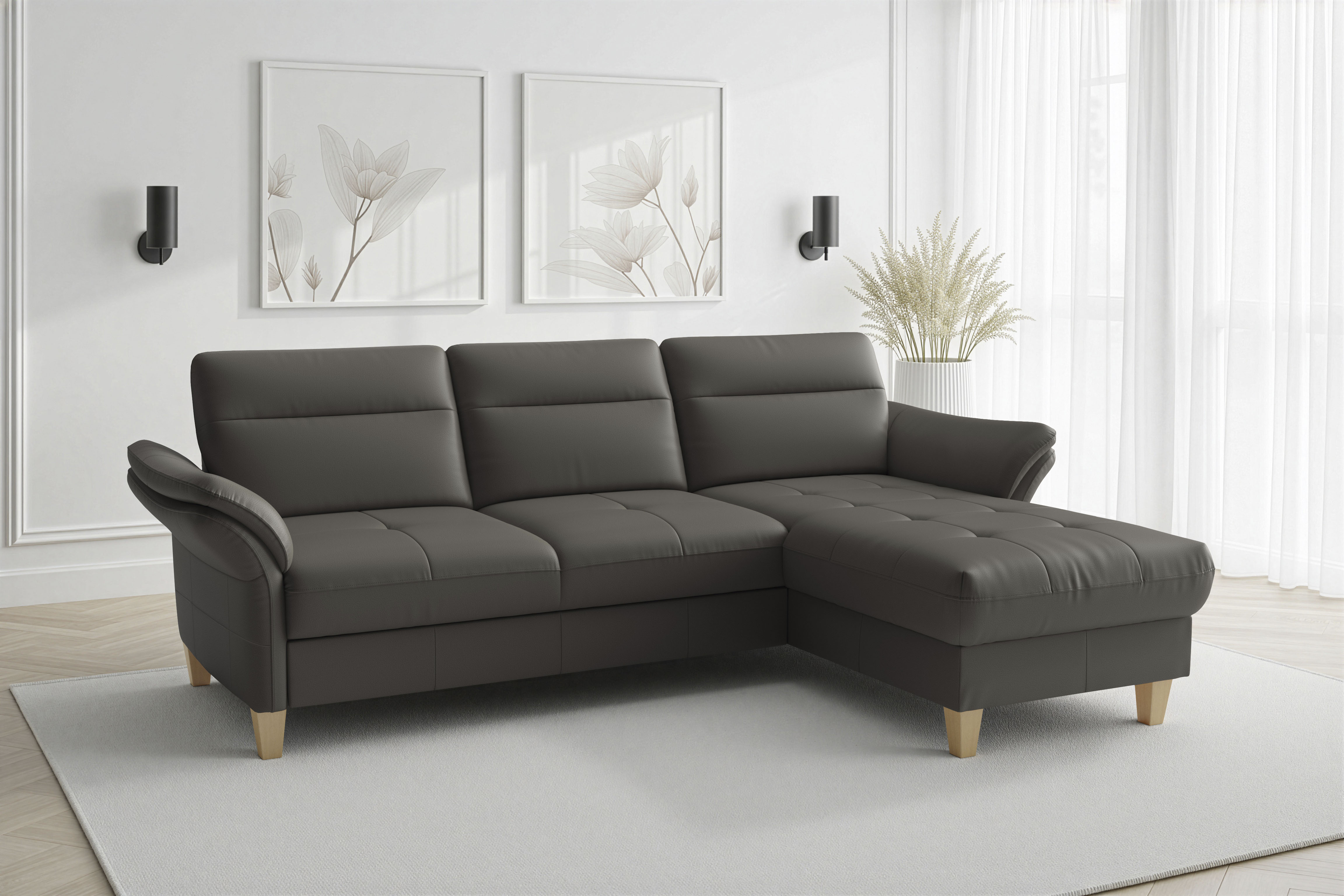 sit&more Ecksofa "Pamela L-Form, Leder, B: 218 und 230 cm mit Recamiere links od. rechts" optional Armteilverstellung, Schlaffunktion & Bettkasten