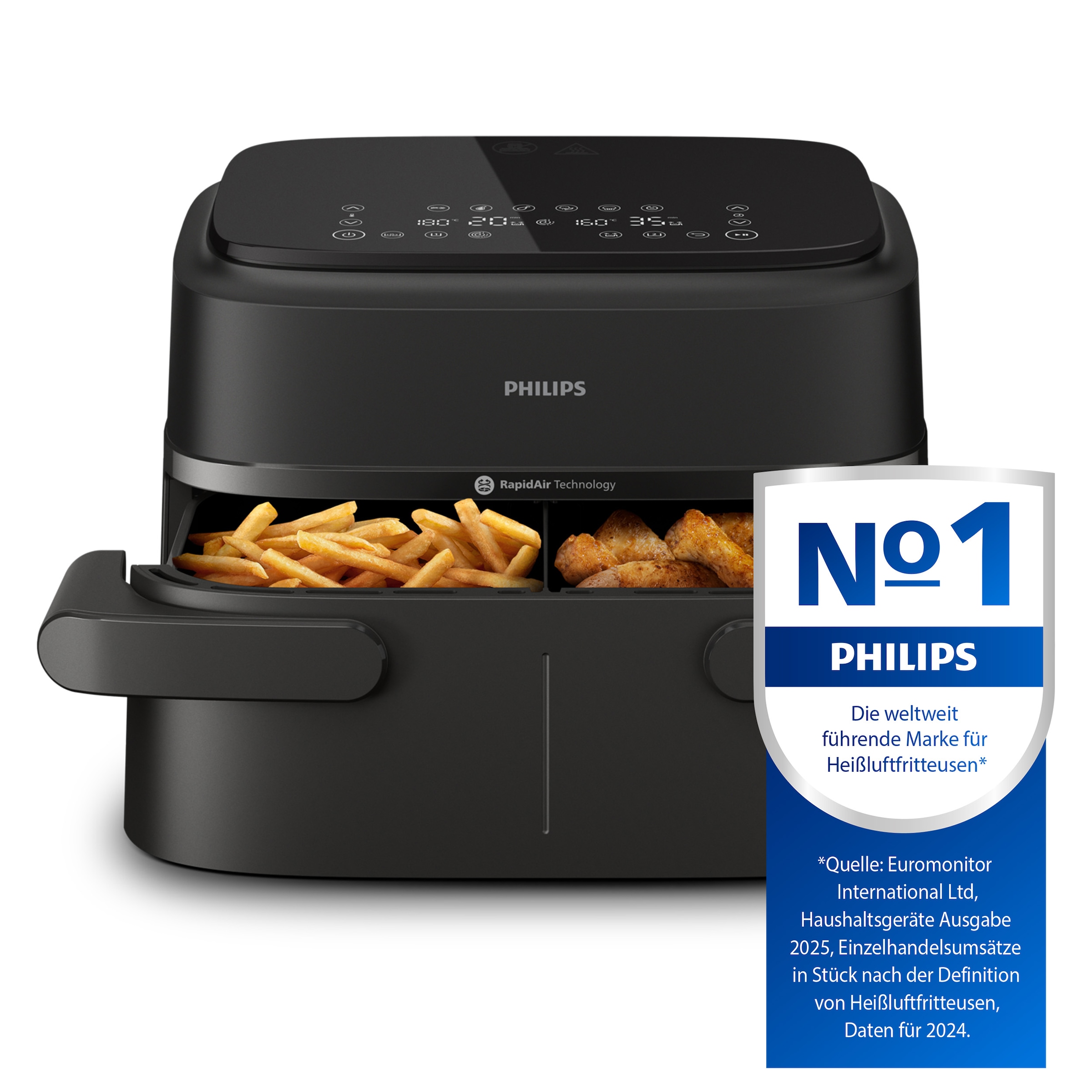 Philips Heißluftfritteuse »Airfryer 1000 Flexible Basket NA150/00, zwei Körbe mit 7.1L«, 2450 W, RapidAir Technologie und 10 Kochfunktionen; Schwarz