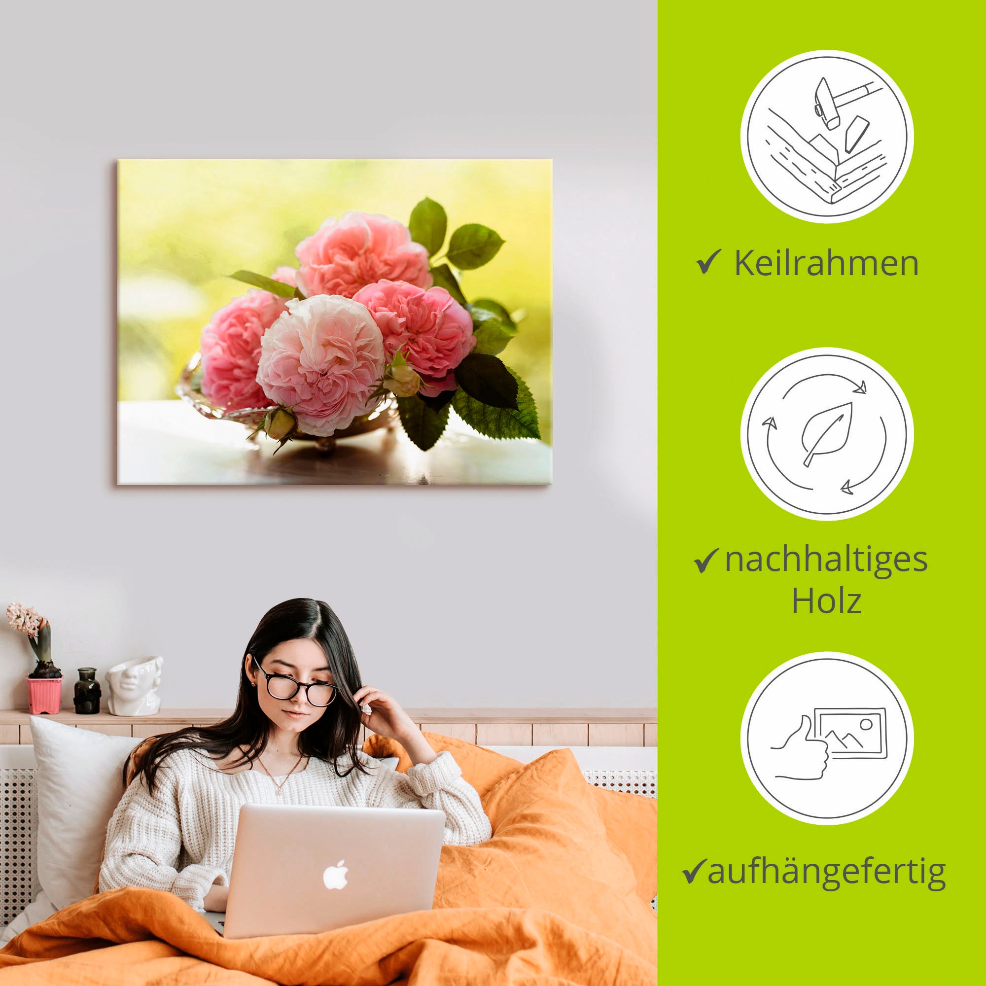 Artland Wandbild »Rosen in Silberschale Stillleben«, Blumen, (1 St.), als Leinwandbild, Poster, Wandaufkleber in verschied. Größen