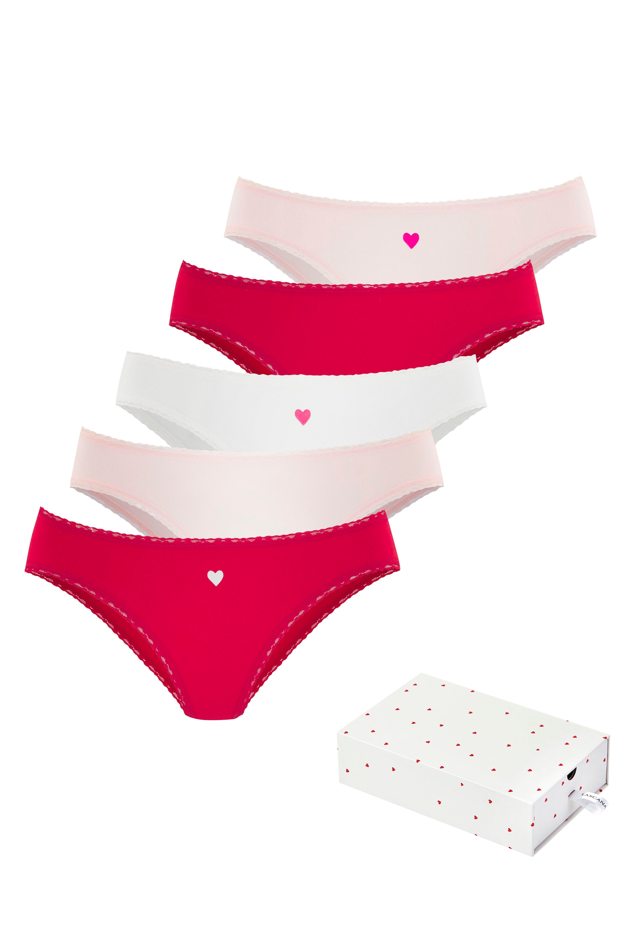 LASCANA Jazz-Pants Slips "Geschenk Box" 5er-Pack, mit süßen Herzchen-Prints und aus elastischer Baumwoll-Qualität