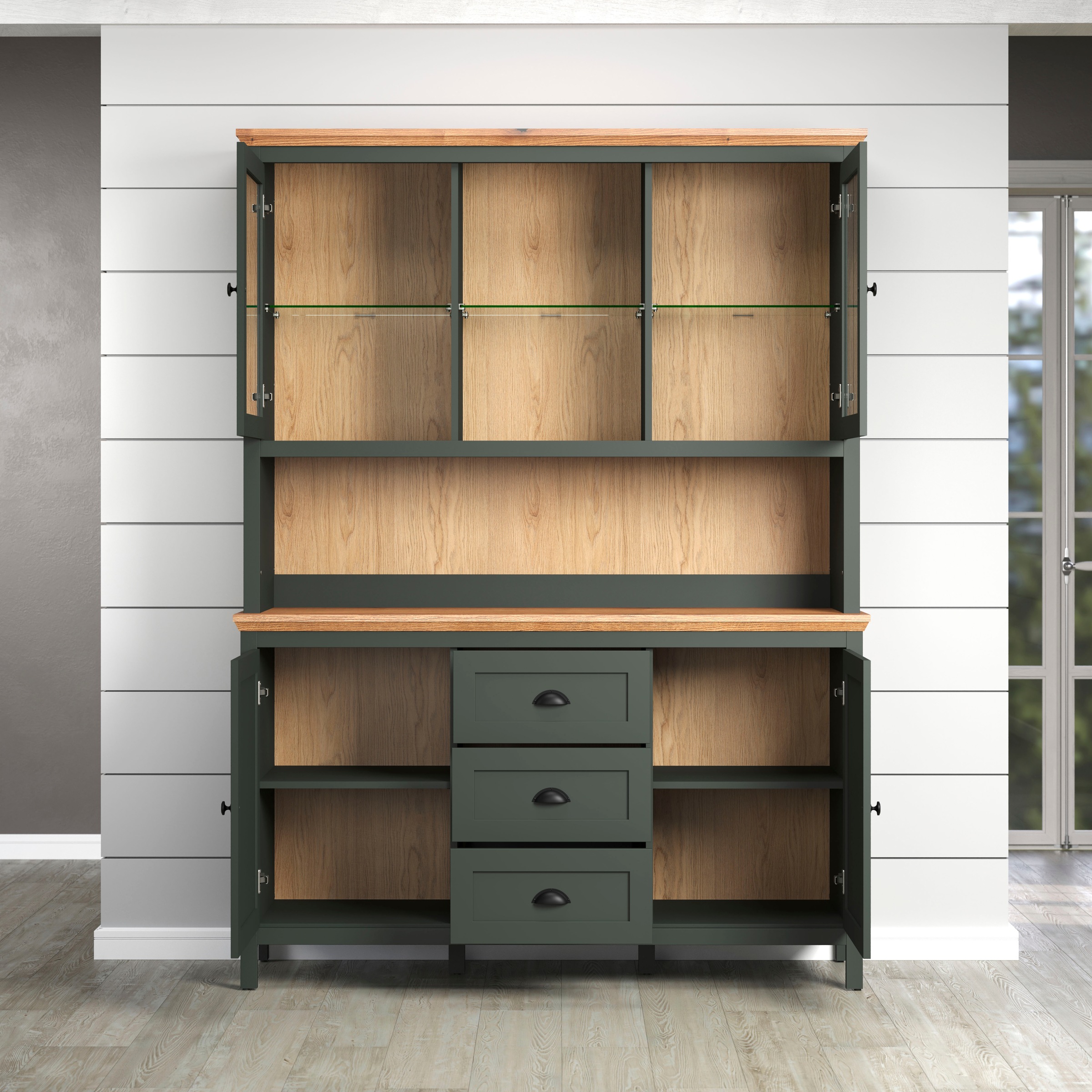 Home affaire Buffet »Vienna« Set, 2 Stk. tlg. Küchenbuffet im Landhausstil, inkl. Beleuchtung - (B/T/H) 146/39/112cm