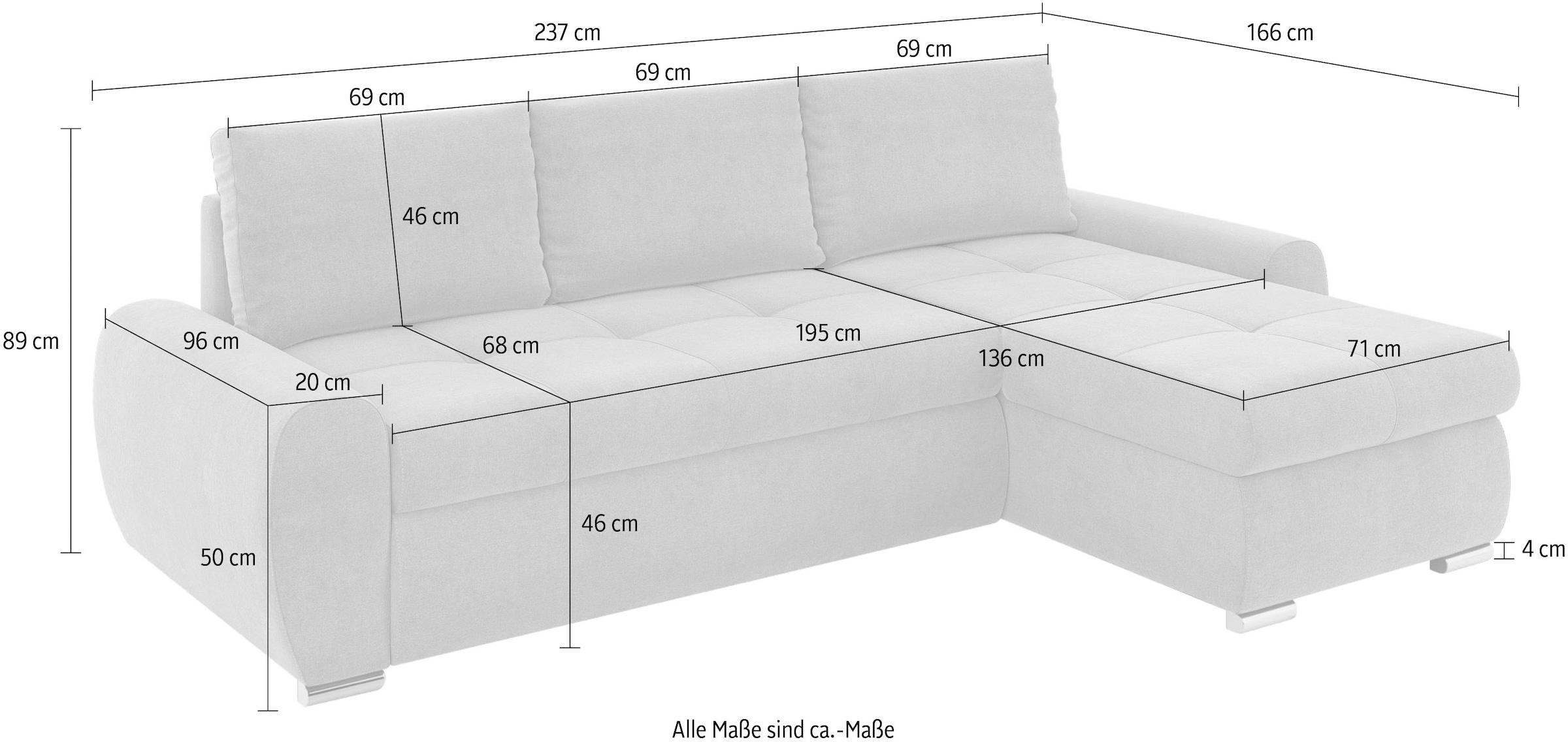 INOSIGN Ecksofa »HAVERHILL Schlafsofa mit Bettkasten, Maße B/H/T: 237/89/166 cm«, L-Form mit Recamiere links oder rechts bestellbar, Wellenunterfederung