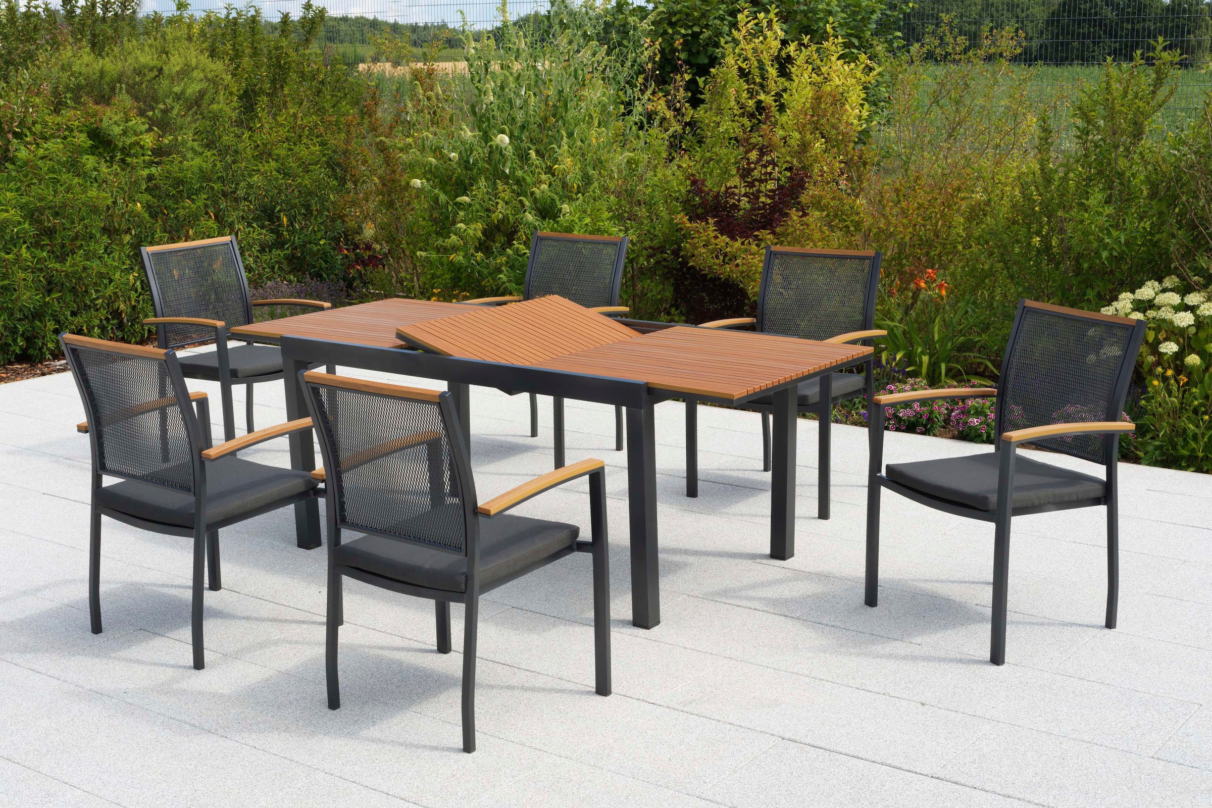 MERXX Garten-Essgruppe »Itanos« Set, 13 tlg. inkl. 6 Stapelsessel. 6 Auflagen, 1 Ausziehtisch