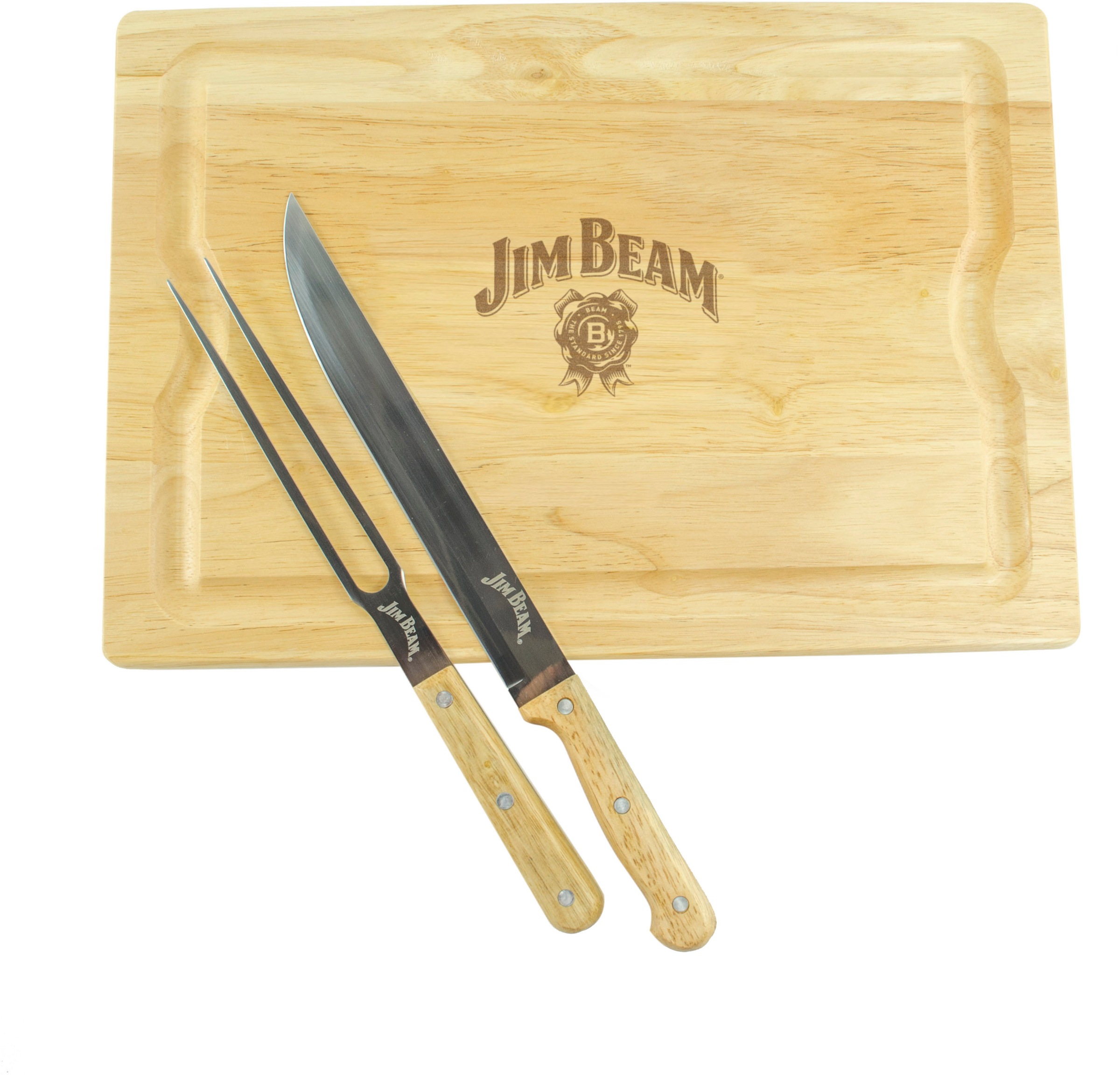 Jim Beam BBQ Schneidebrett »JB0237«, (Set), inkl. Tranchiermesser und Gabel mit Edelstahlklinge und Bambusgriffen