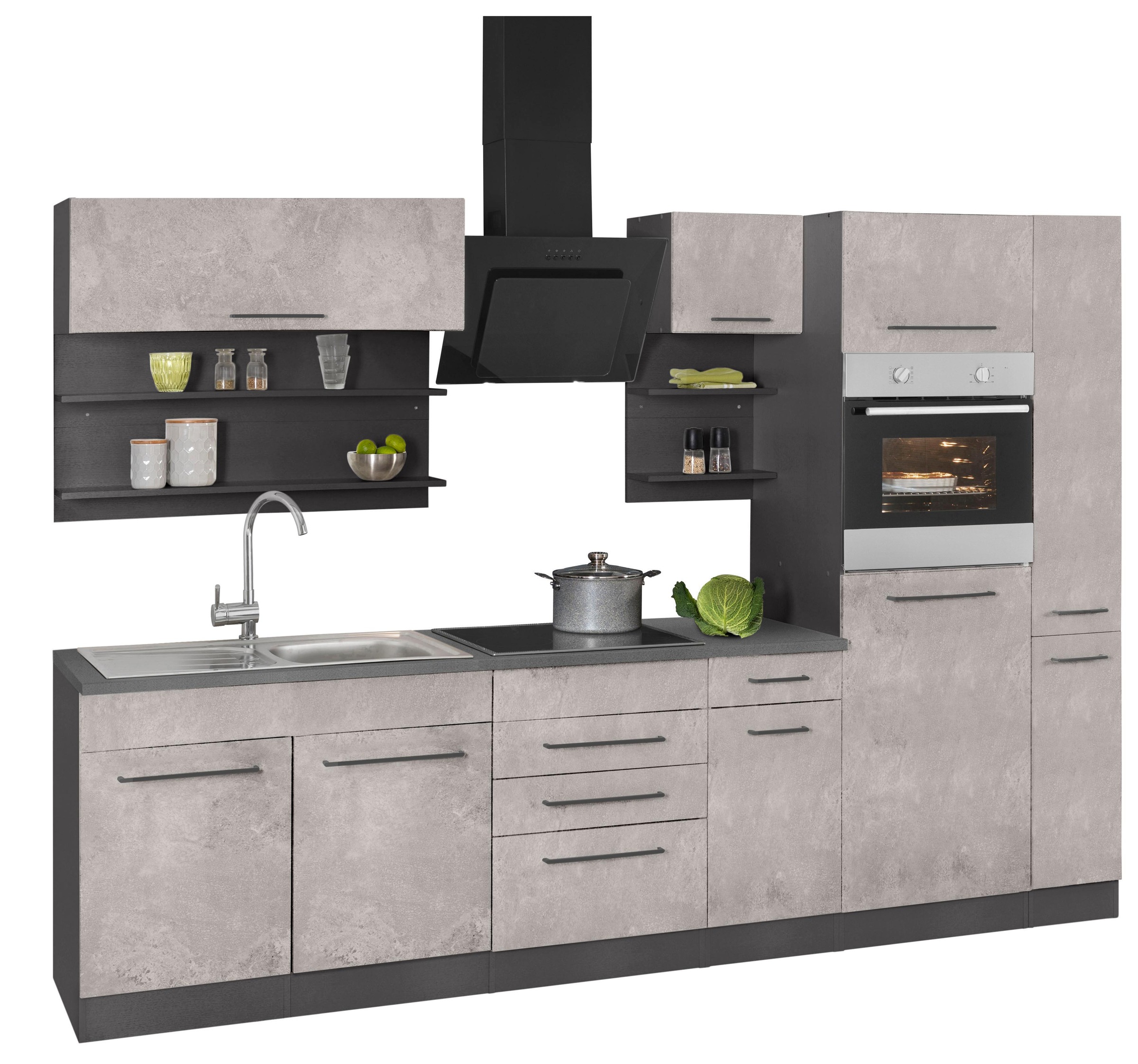 KOCHSTATION Küchenzeile »KS-Tulsa«, ohne E-Geräte, Breite 300 cm, schwarze Metallgriffe, MDF Fronten