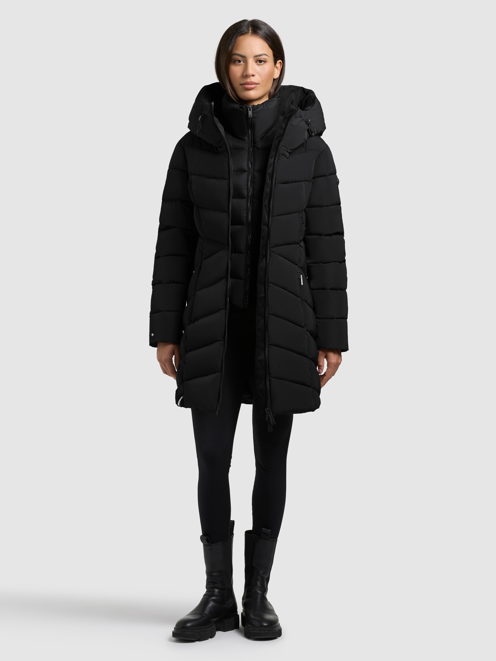 Steppmantel KHUJO "DIER 2IN1 (EINSATZ HERAUSNEHMBAR)", Damen, Gr. XL, schwarz, 100% Polyester, unifarben, eingesetzt elastischer Bund mit Windstopper, Mäntel Steppmantel