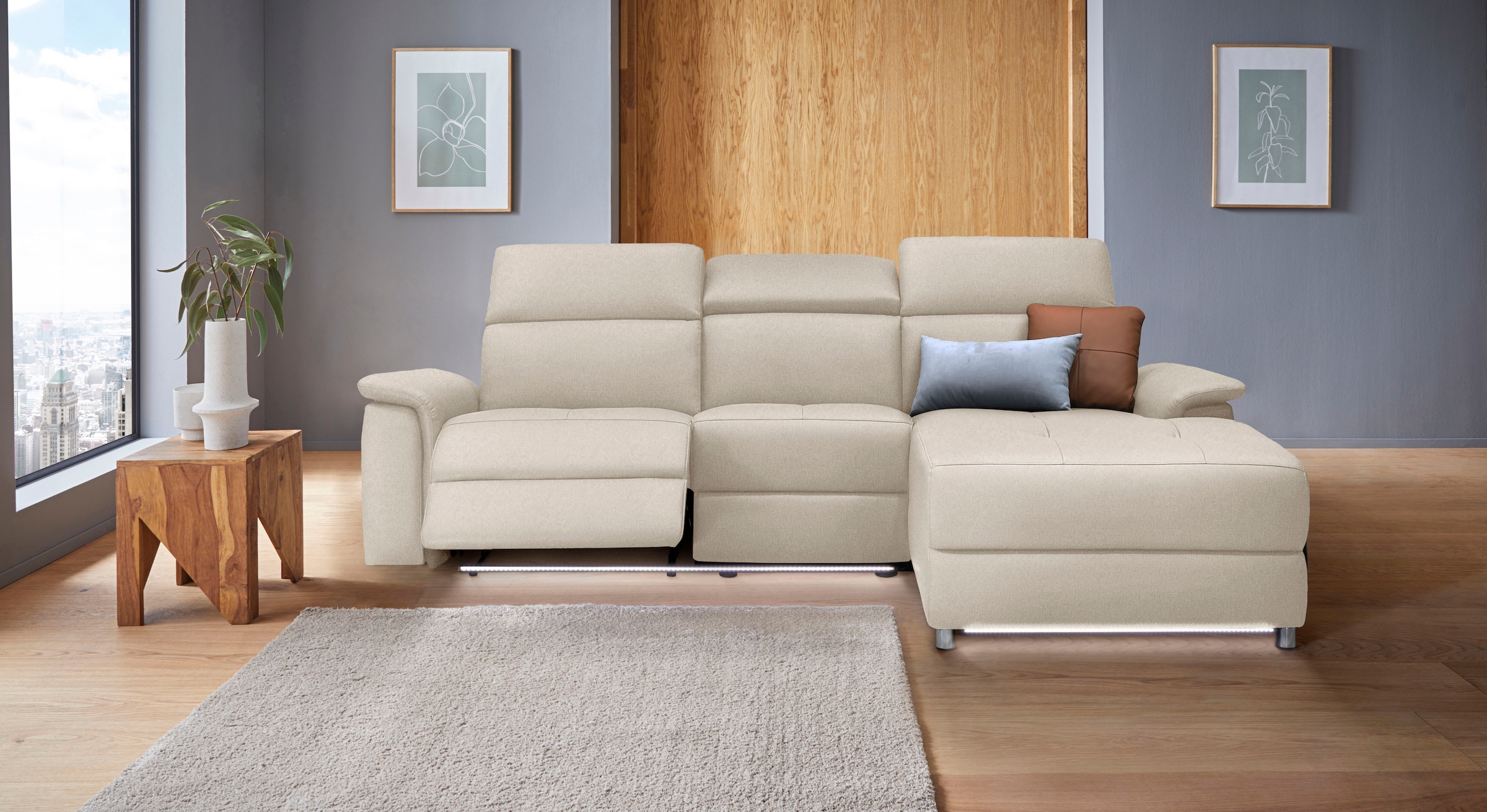 Places of Style Ecksofa »Pareli, L-Form, 259cm,m. Recamiere, Echtleder, Kunstleder, Webstoff«, man. o. elektr. Relaxfunktion, USB/Kopfteilverstellg u. LED