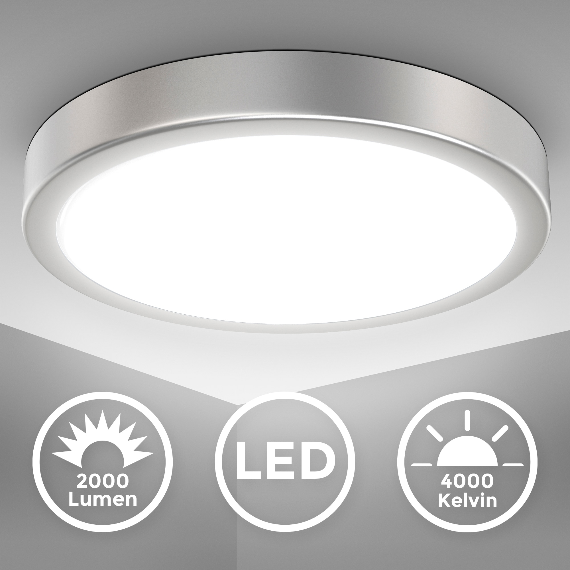 B.K.Licht LED Deckenleuchte, inkl. integrierter LED-Platine 28,00 IP silberfarbig, Watt, Schutzart Metallrahmen Ø 18 cm fest | 20, 4.000K, 2.000lm, BAUR